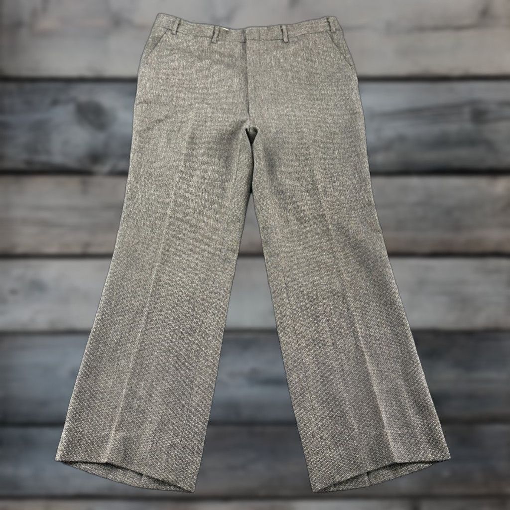 Vintage Sears Pants Mens 38X30 Brown Wide-Leg Herringbone Wool Dress Pants Workwear Retro 70’s Mens