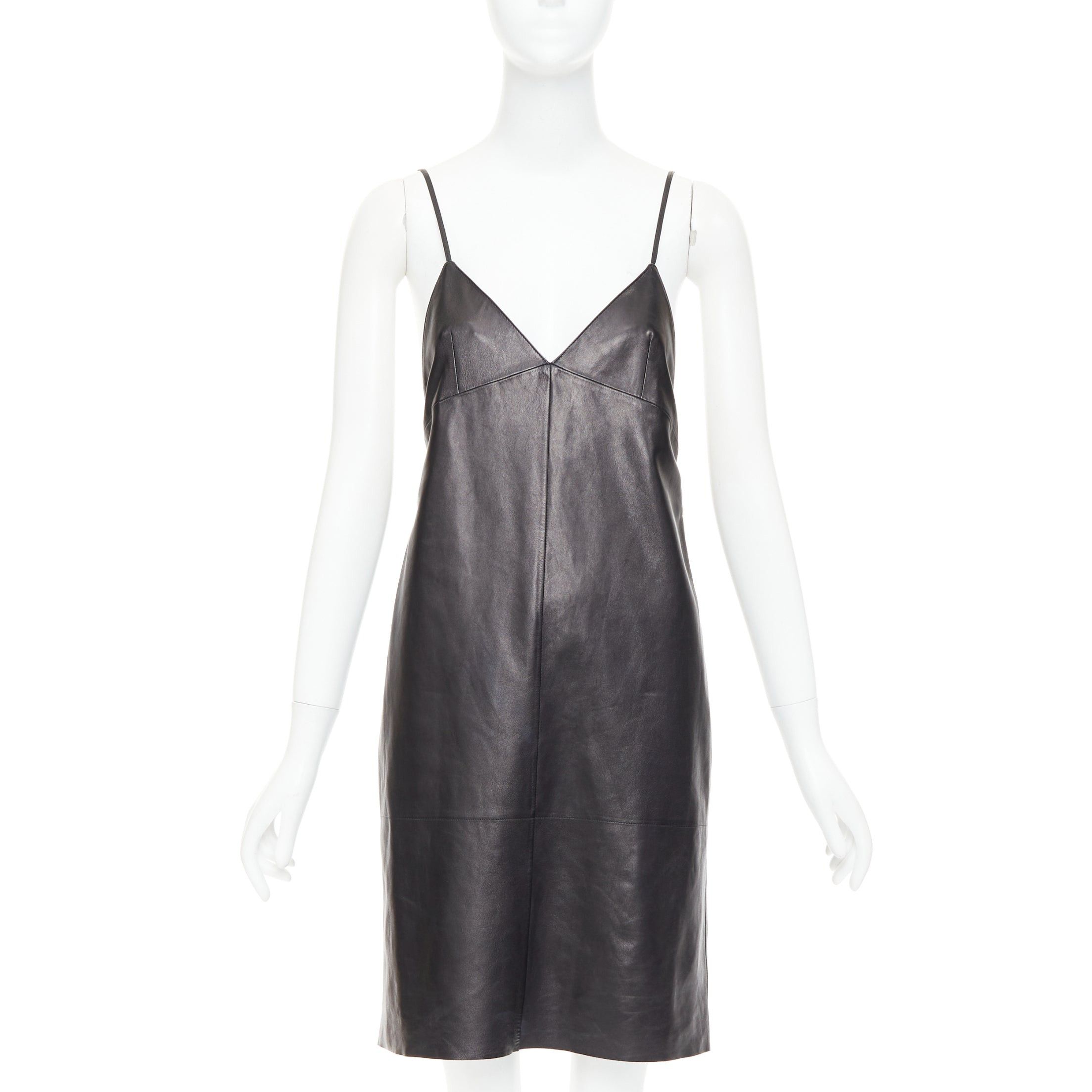 Saint Laurent Paris SAINT LAURENT 2024 black lambskin leather plunge low cut open back slip dress FR38 M Size M / US 6-8 / IT 42-44 - 1 Thumbnail