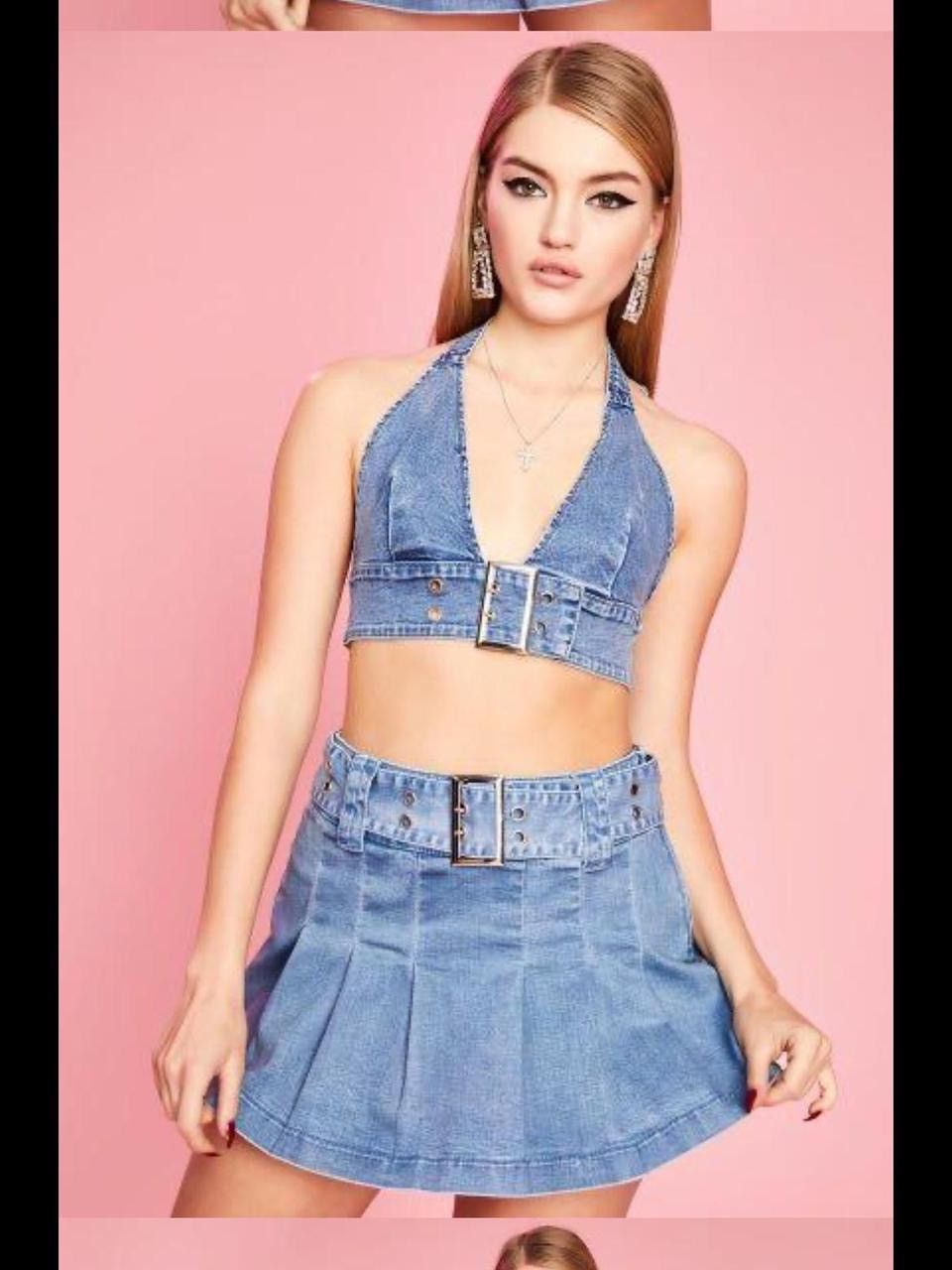 Sugar Y2K outfit Sugar Thrillz denim belted halter top & skirt set Size S / US 4 / IT 40 - 7 Thumbnail