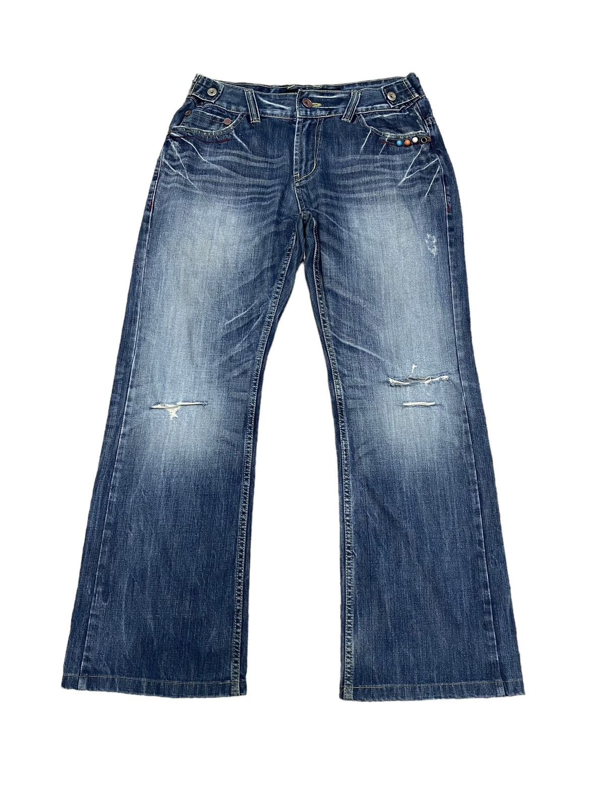 Japanese Brand X Red pepper distressed flare jeans