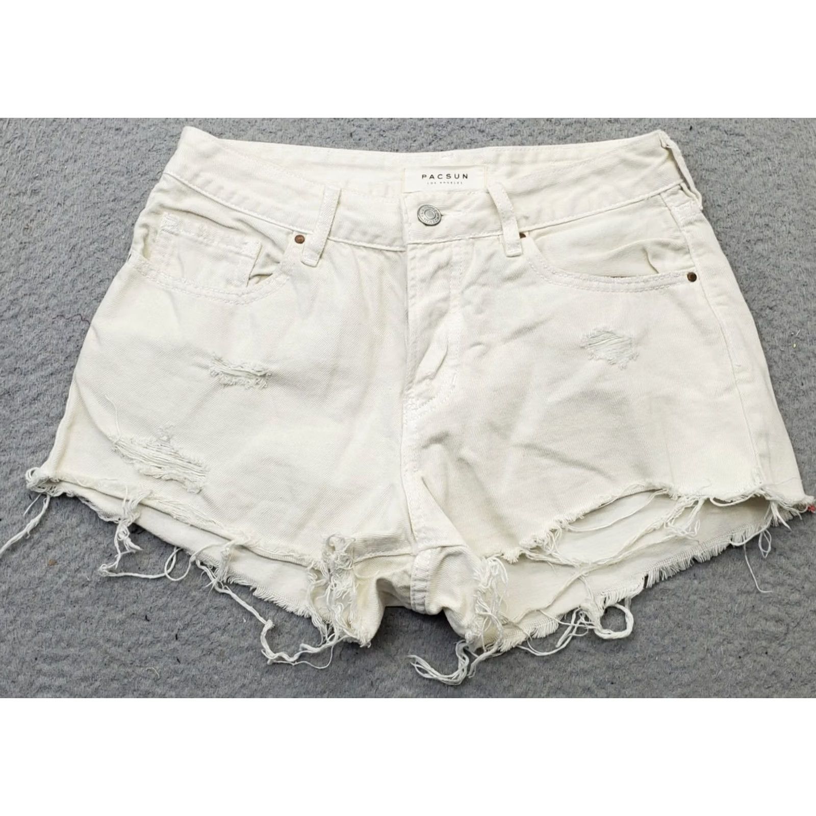Pacsun PacSun Womens 25 White Denim Light Wash Distressed Mid-Rise Cut-Off Jean Shorts Size 42" / US 20 - 2 Thumbnail