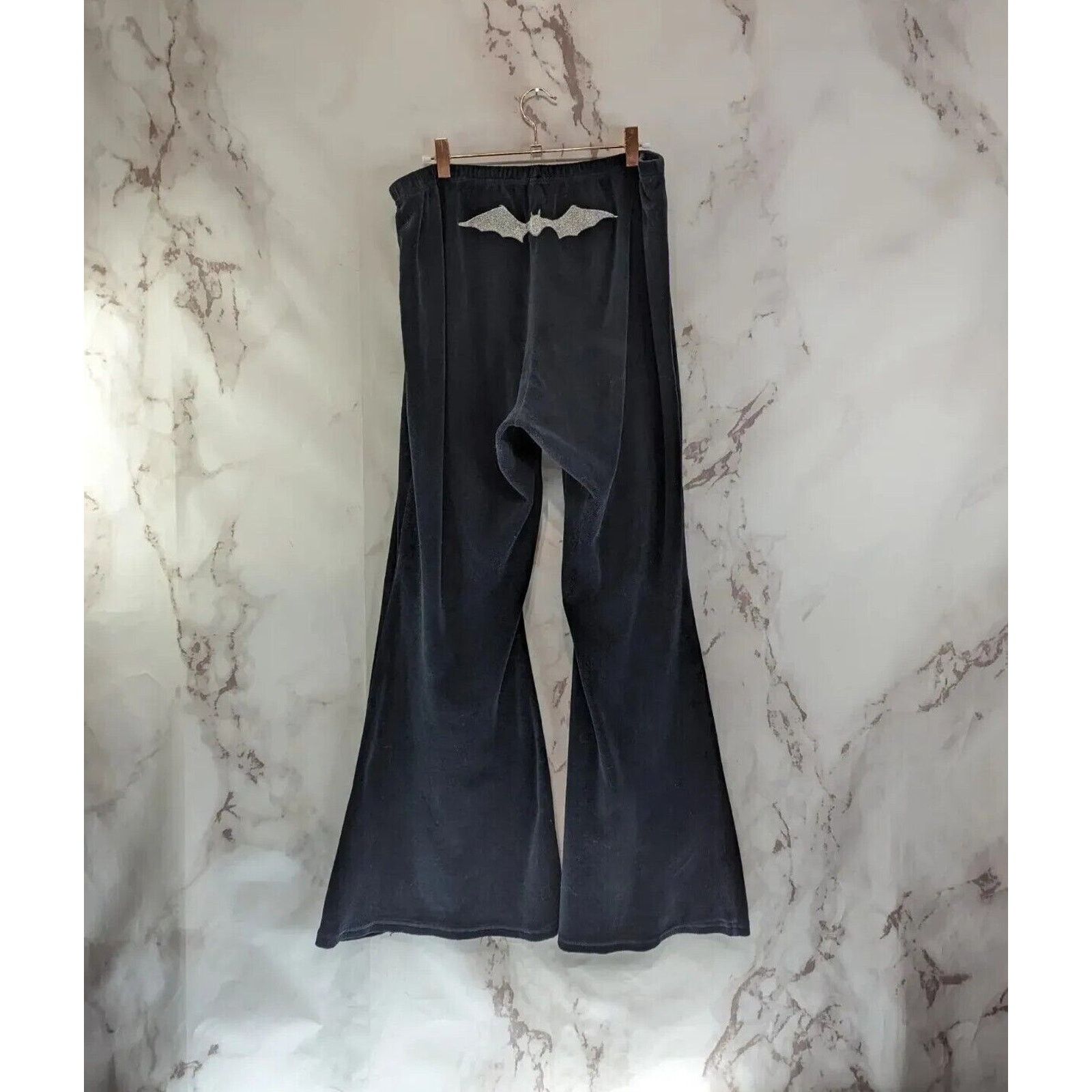Dolls Kill Dolls Kill X Monsters Pants Women 2X Black Flare Velour Bat Size 42" / US 20 - 1 Thumbnail