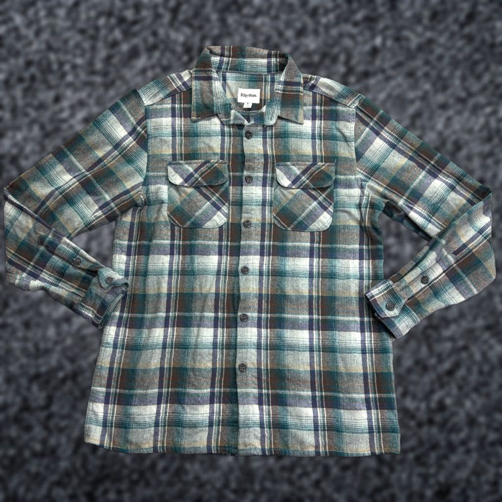 Rhythm Rhythm Shirt Men L Multicolor Plaid Button-Down Collared Flannel 100% Polyester Chest 44.5 in Classic Fit Button Up Pockets Outdoor Casual Mens Size US L / EU 52-54 / 3 - 1 Thumbnail