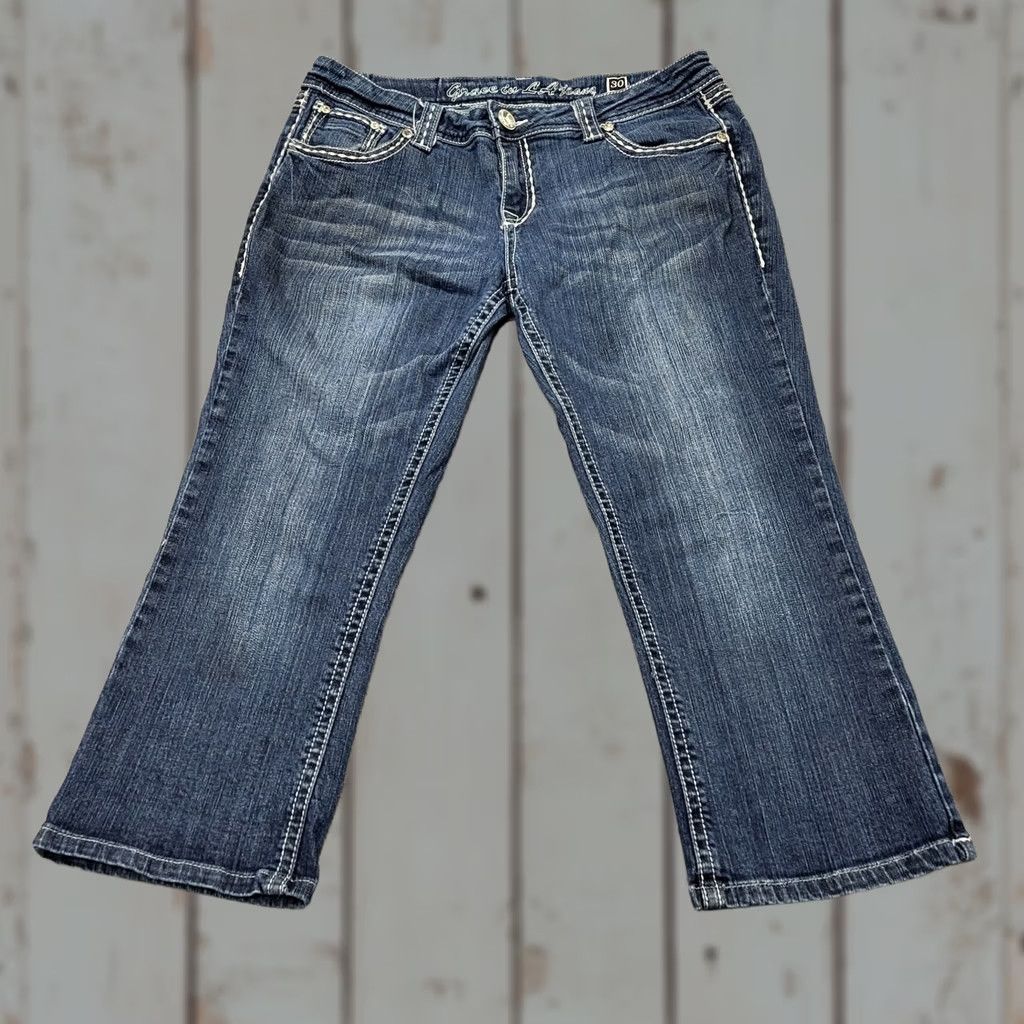 Grace in LA Grace In LA Capri Women's Size 13/30 Blue Jeans Rhinestone Embroidered Cross EUC Jeans Size 34" / US 12 / IT 48 - 1 Thumbnail