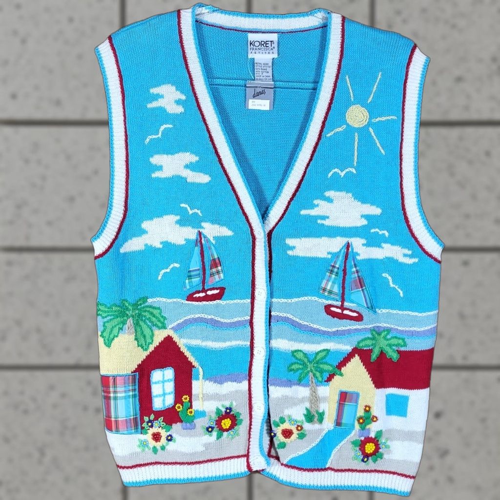 Vintage VINTAGE Koret Vest Shirt Womens PM Blue Beach Sailboat Knit Plaid Beaded Embroidered Sleeveless V-Neck Size M / US 6-8 / IT 42-44 - 1 Thumbnail
