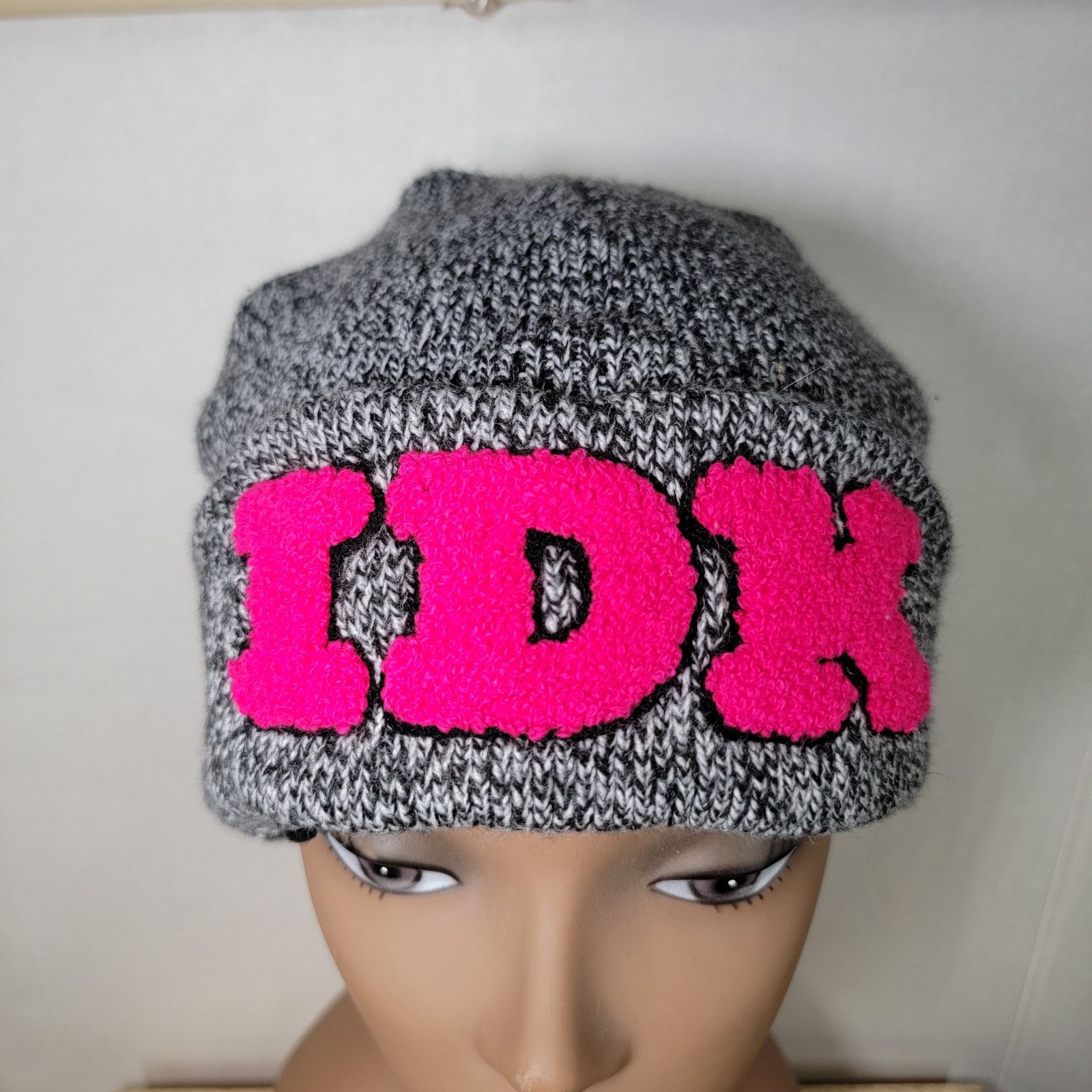 Other Unisex Grey Beanie w/ Pink Letters "IDK" - One Size Size ONE SIZE - 1 Thumbnail