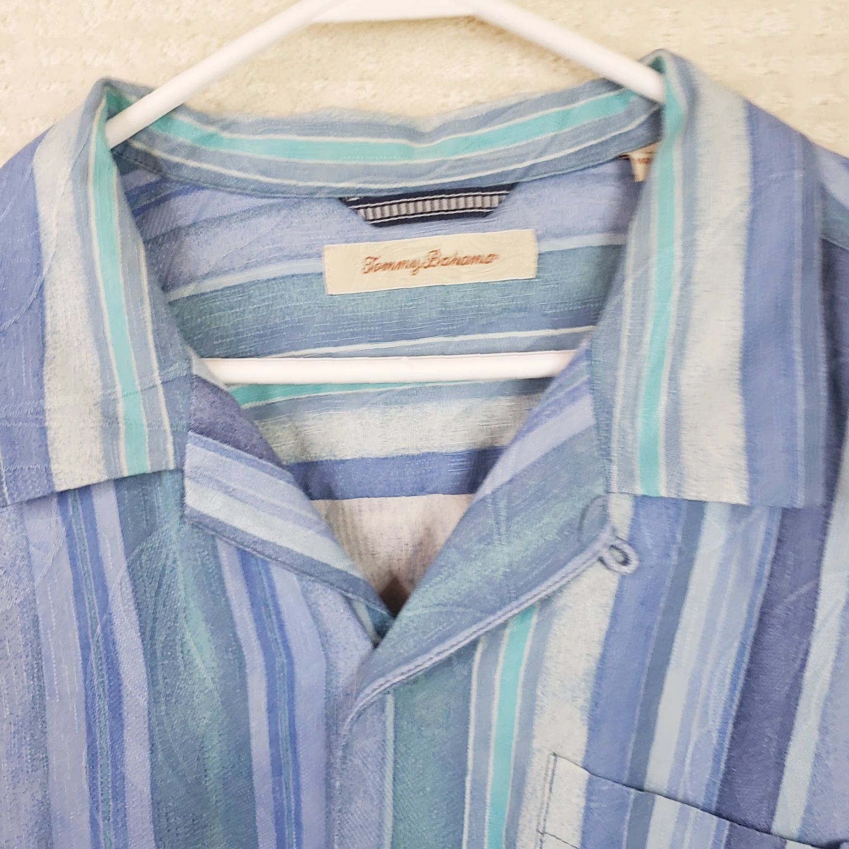 Tommy Bahama Tommy Bahama Silk Shirt Blue Striped Button-Up Down Short Sleeve XL Mens Size US XL / EU 56 / 4 - 5 Thumbnail