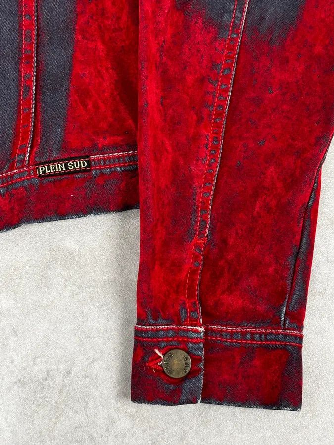 Vintage Plein Sud Red & Blue Gradient Velvet Denim Trucker Jacket Size XS / US 0-2 / IT 36-38 - 10 Thumbnail