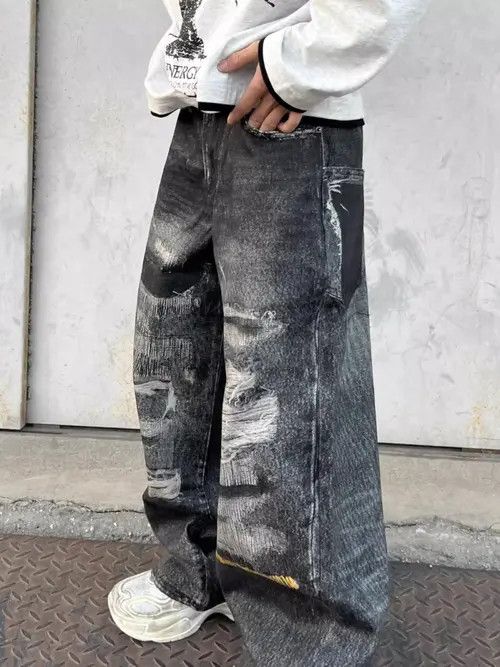 VIBE Disstressed Baggy Washed Wide Leg Jeans Size US 30 / EU 46 - 3 Thumbnail