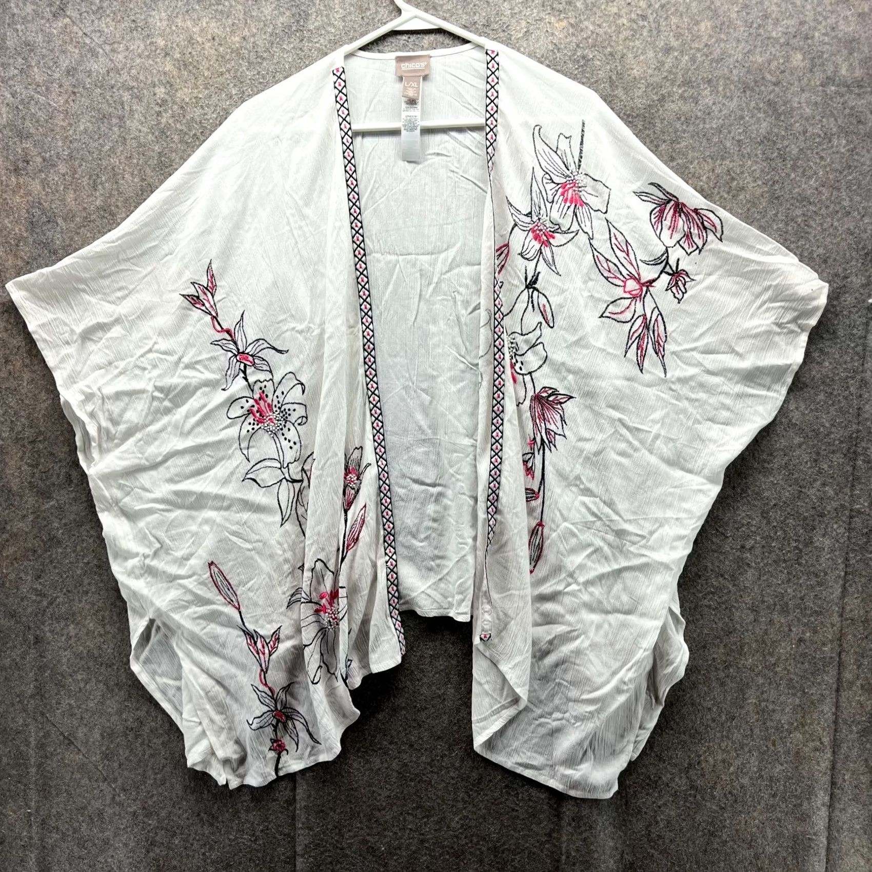 Vintage Chico's Shirt Women Large White Rayon Floral Embroidered Kimono Shrug Vintage: No Size L / US 10 / IT 46 - 2 Thumbnail