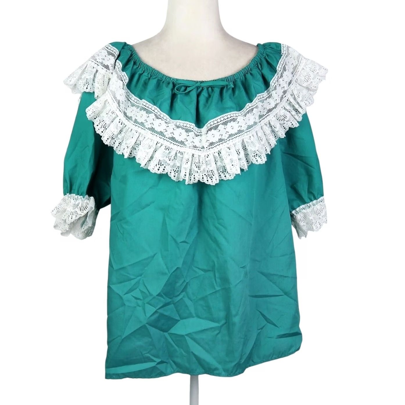 DANCER VINTAGE Malco Modes Green Square Dance Top Lace Trim XL Blouse Short Sleeve Women 70s 80s Bohemian Western, Cotton Polyester Size XL / US 12-14 / IT 48-50 - 2 Thumbnail