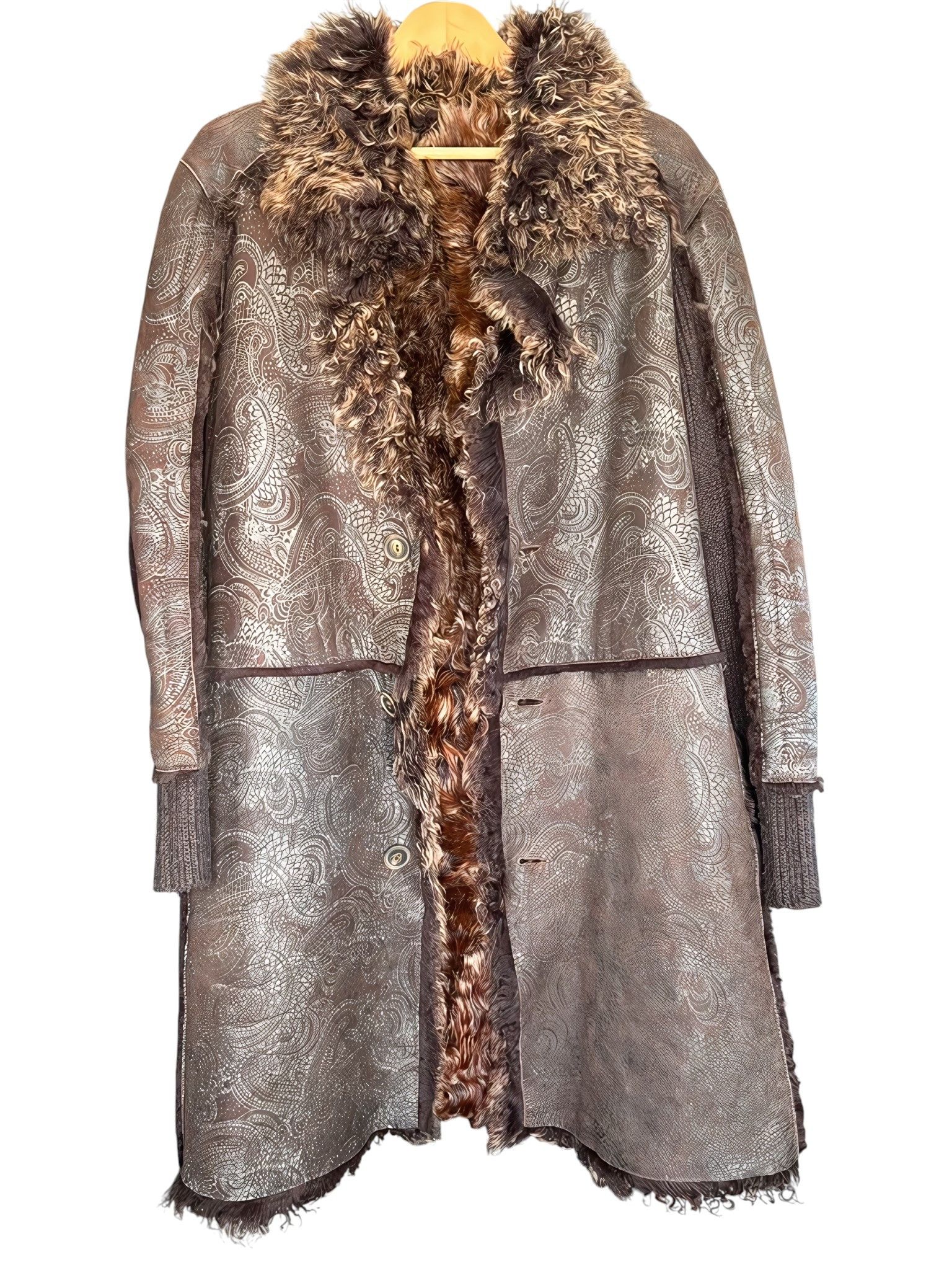 Roberto Cavalli MONGOLIAN LAMB FUR SHEARLING SUEDE LEATHER TATTOO HEAVY COAT Size XL / US 12-14 / IT 48-50 - 2 Thumbnail