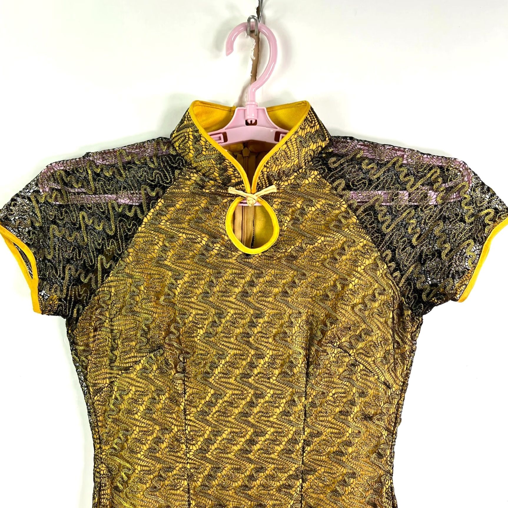 Vintage Brocade Silk Midi Dress XL Yellow Cap Sleeve Mock Neck A-Line Embroidered Flower Womens Size 40" / US 18 - 2 Thumbnail