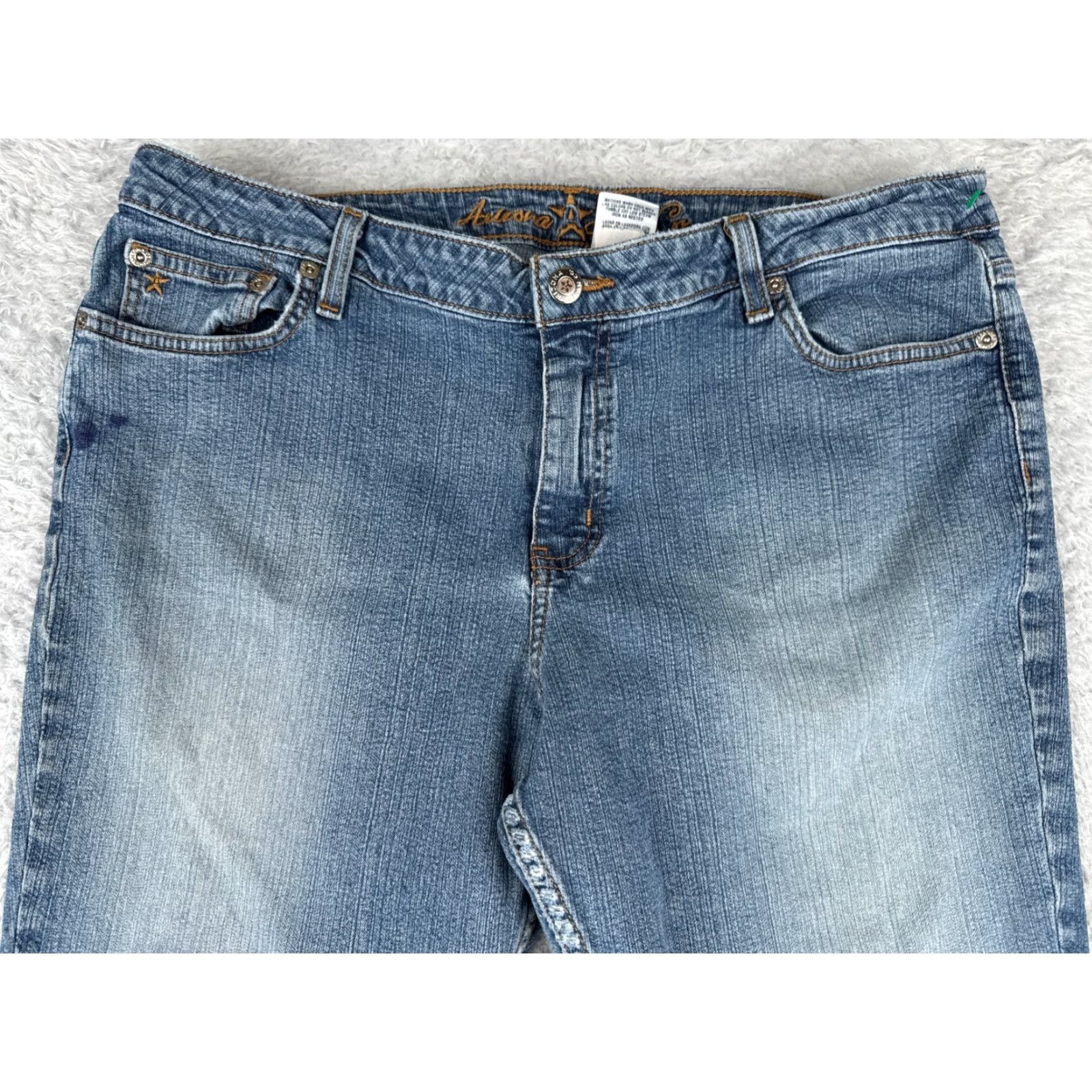 Vintage Arizona Jeans Co Juniors 17 Blue Denim Flared Mid Rise 34x30 Cotton Blend Jeans Womens Rock Distressed Pockets 5-Pocket Design Regular 30 in Inseam Size 38" / US 16 / IT 52 - 4 Thumbnail