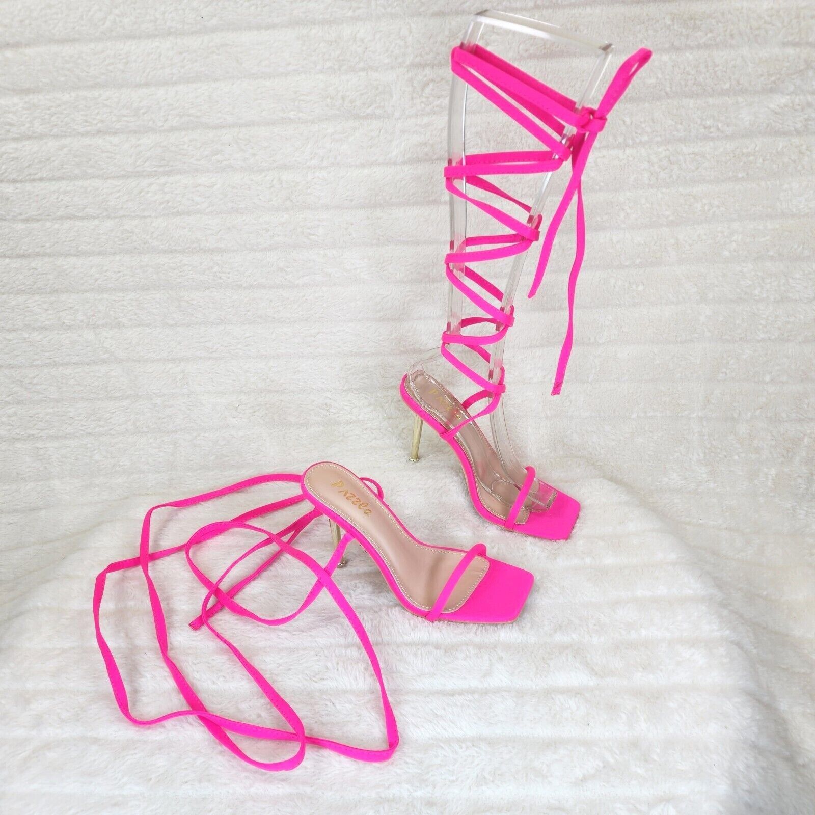 Other Chica Bright Neon Pink Sateen Long Lace Strappy Tie Up High Size US 8 / IT 38 - 4 Thumbnail
