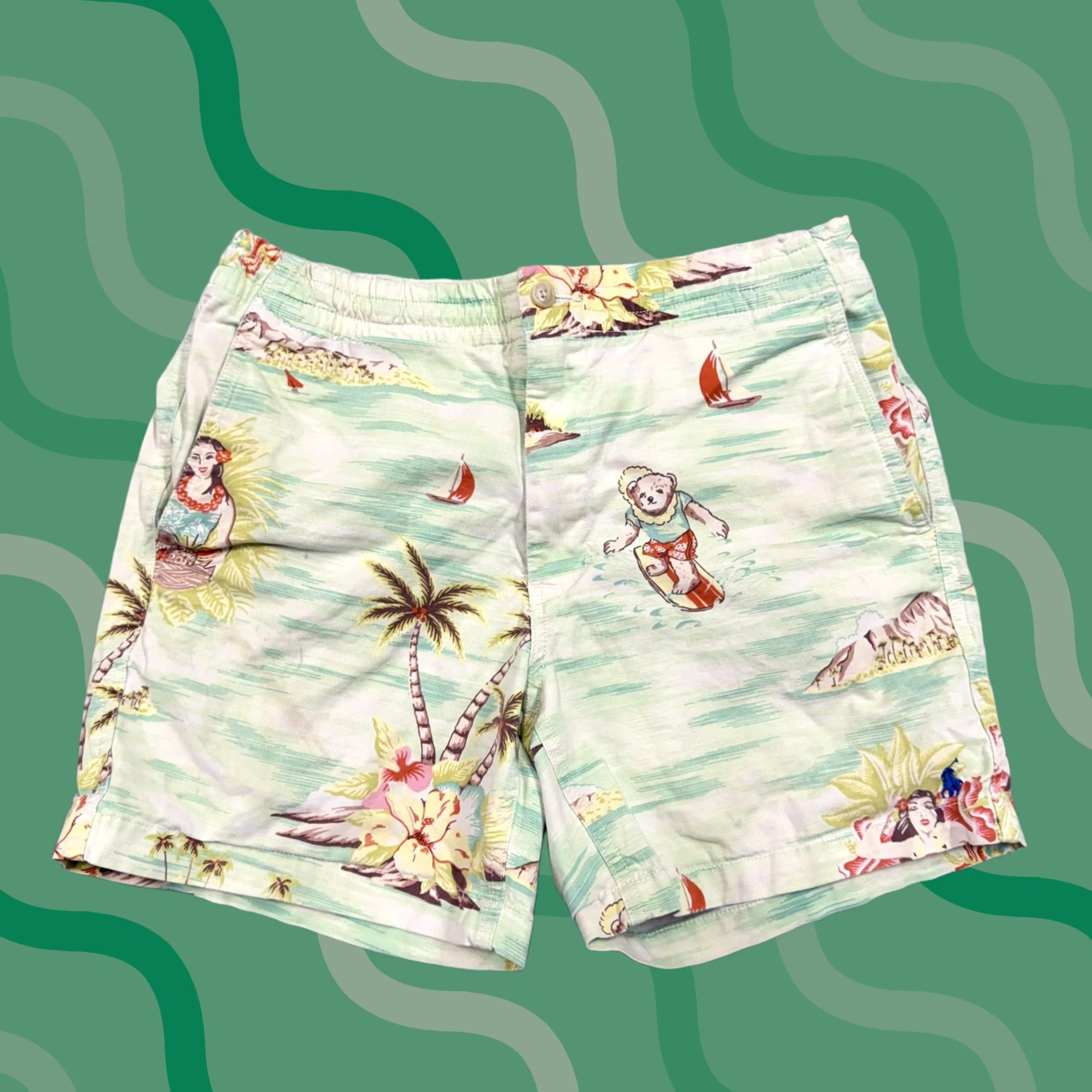 Polo Ralph Lauren Polo Ralph Lauren Shorts Mens Small Green Polo Bear Hawaiian Stretch Chino Polo Bear Floral Beach 90s Mens Size US S / EU 44-46 / 1 - 1 Thumbnail