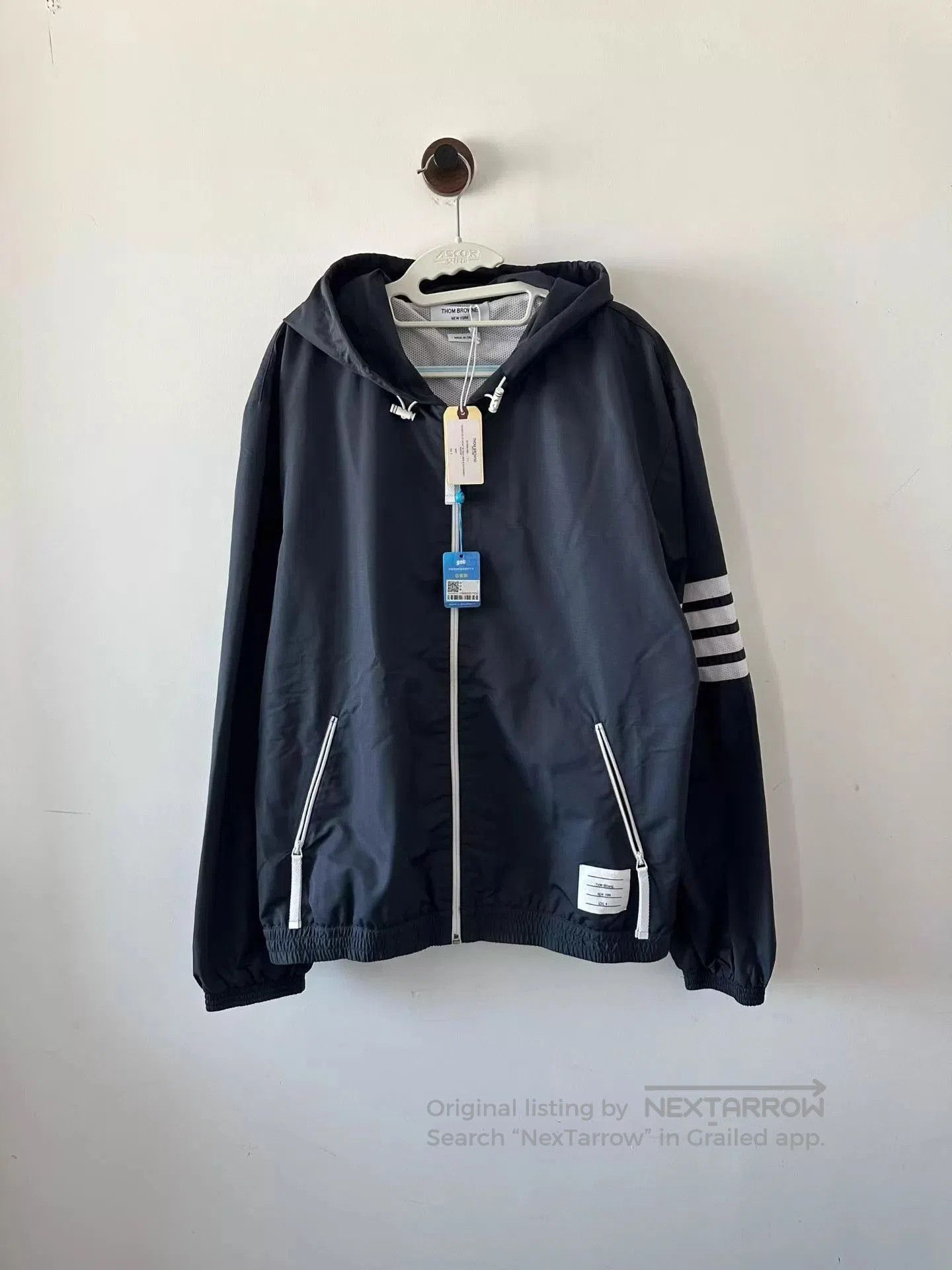 Thom Browne Black Hooded Light Jacket with Striped Sleeves. Size US XL / EU 56 / 4 - 1 Thumbnail