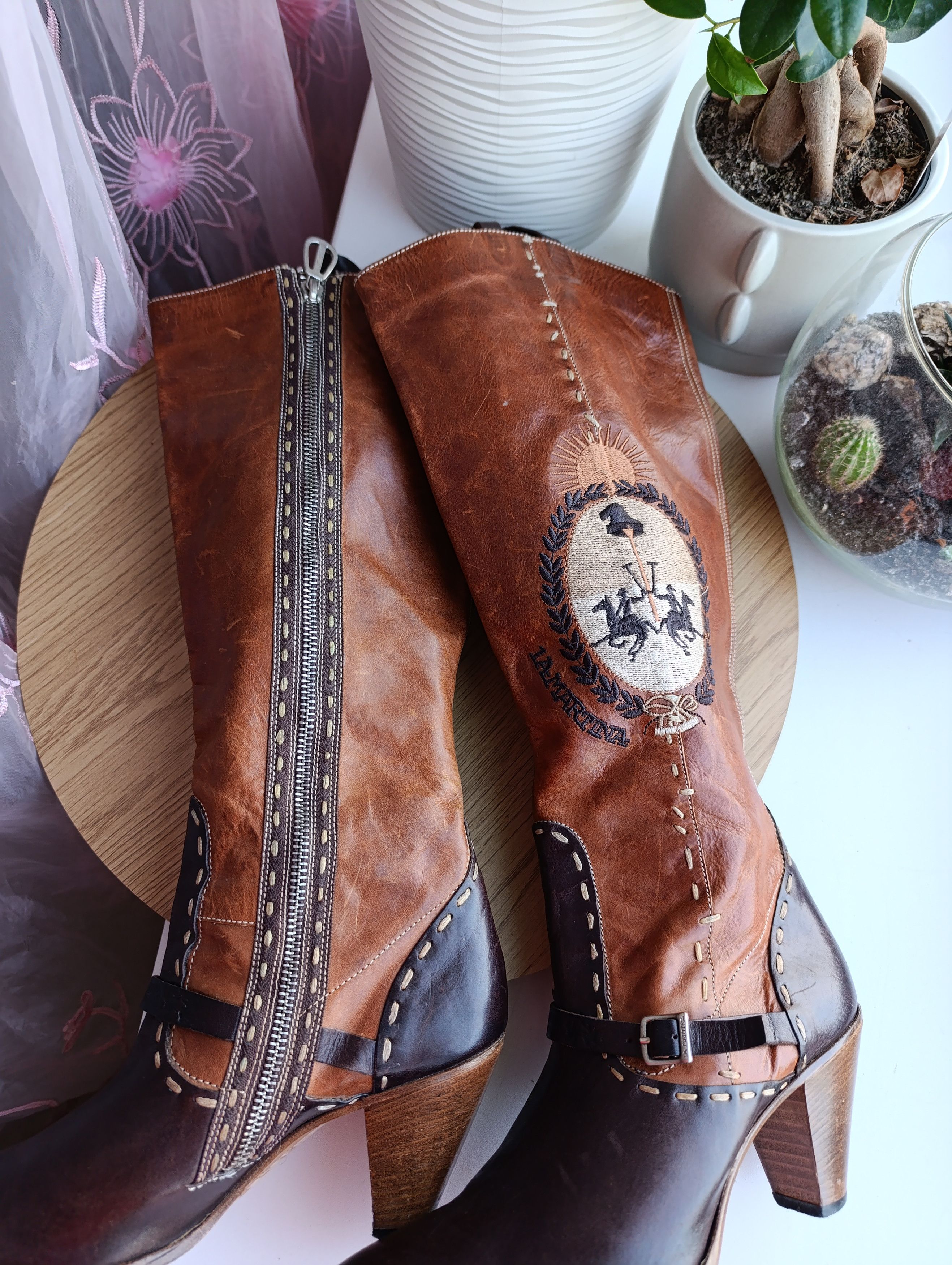 La Martina LA MARTINA BROWN LEATHER KNER HIGHT HEELED ZIP BOOTS Size US 8 / IT 38 - 8 Thumbnail