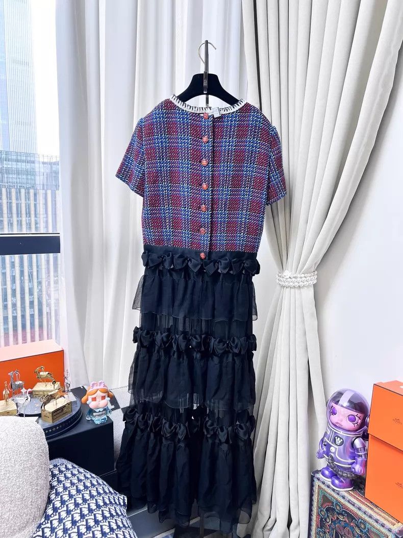 Chanel Chanel Plaid short-sleeved stitching bow mulberry silk dre Size S / US 4 / IT 40 - 3 Thumbnail