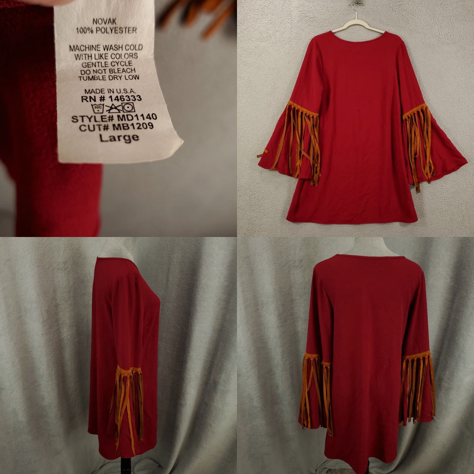 Vintage Womens Boho Tunic Large Burgundy Boho Tasseled Fringe Flutter Sleeve Western Size ONE SIZE - 8 Thumbnail
