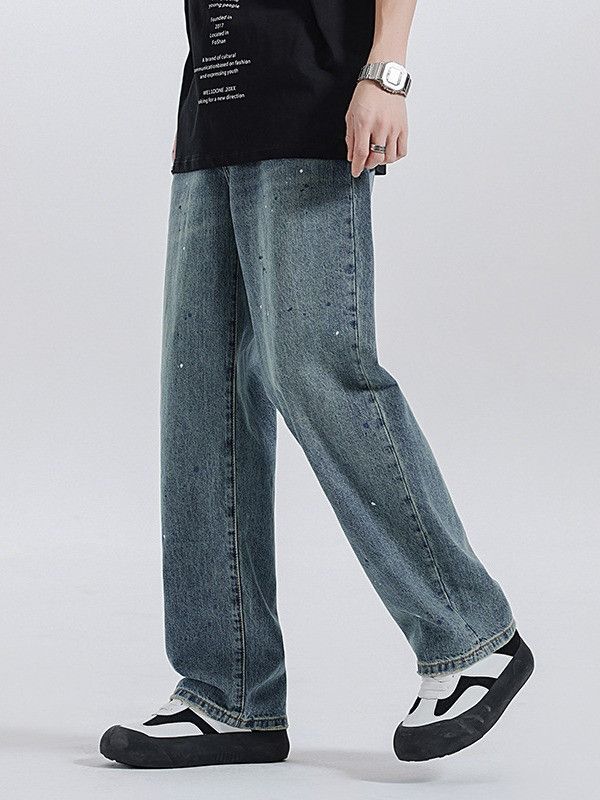 Japanese Brand Men's retro washed splatter-painted straight loose jeans Size US 32 / EU 48 - 3 Thumbnail