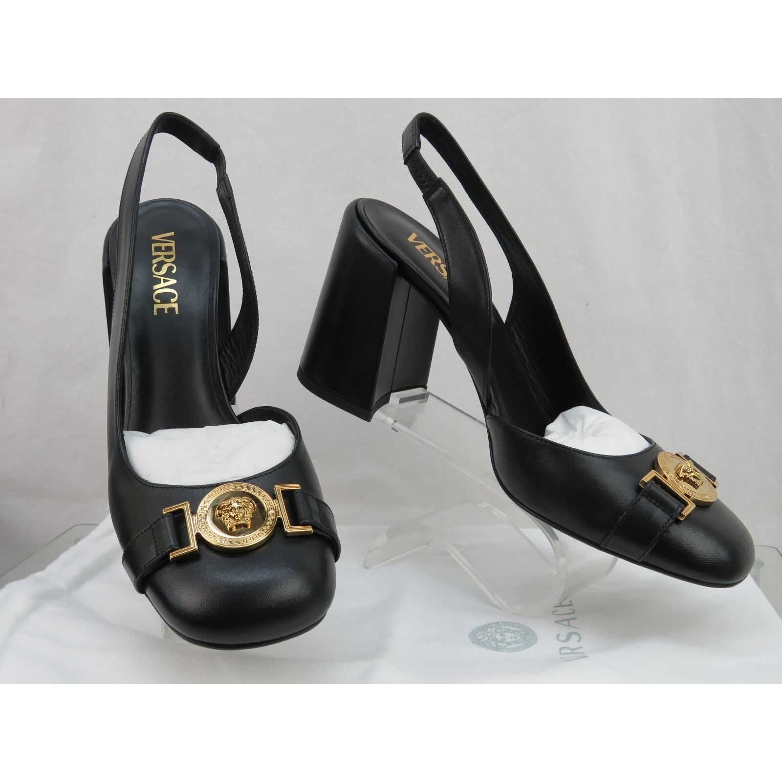 Versace VERSACE BLACK LEATHER GOLD MEDUSA SANDAL LOW HEEL PUMPS 38 8 Size US 8 / IT 38 - 3 Thumbnail