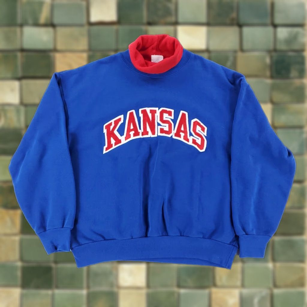 Vintage VINTAGE Majestic University of Kansas Jayhawks Turtleneck Sweatshirt Mens XL Blue 90s Pullover Size US XL / EU 56 / 4 - 1 Thumbnail