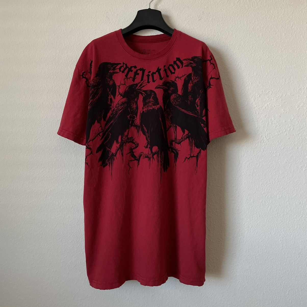 image of Affliction Distressed Crows Red T Shirt, Men's (Size XL)