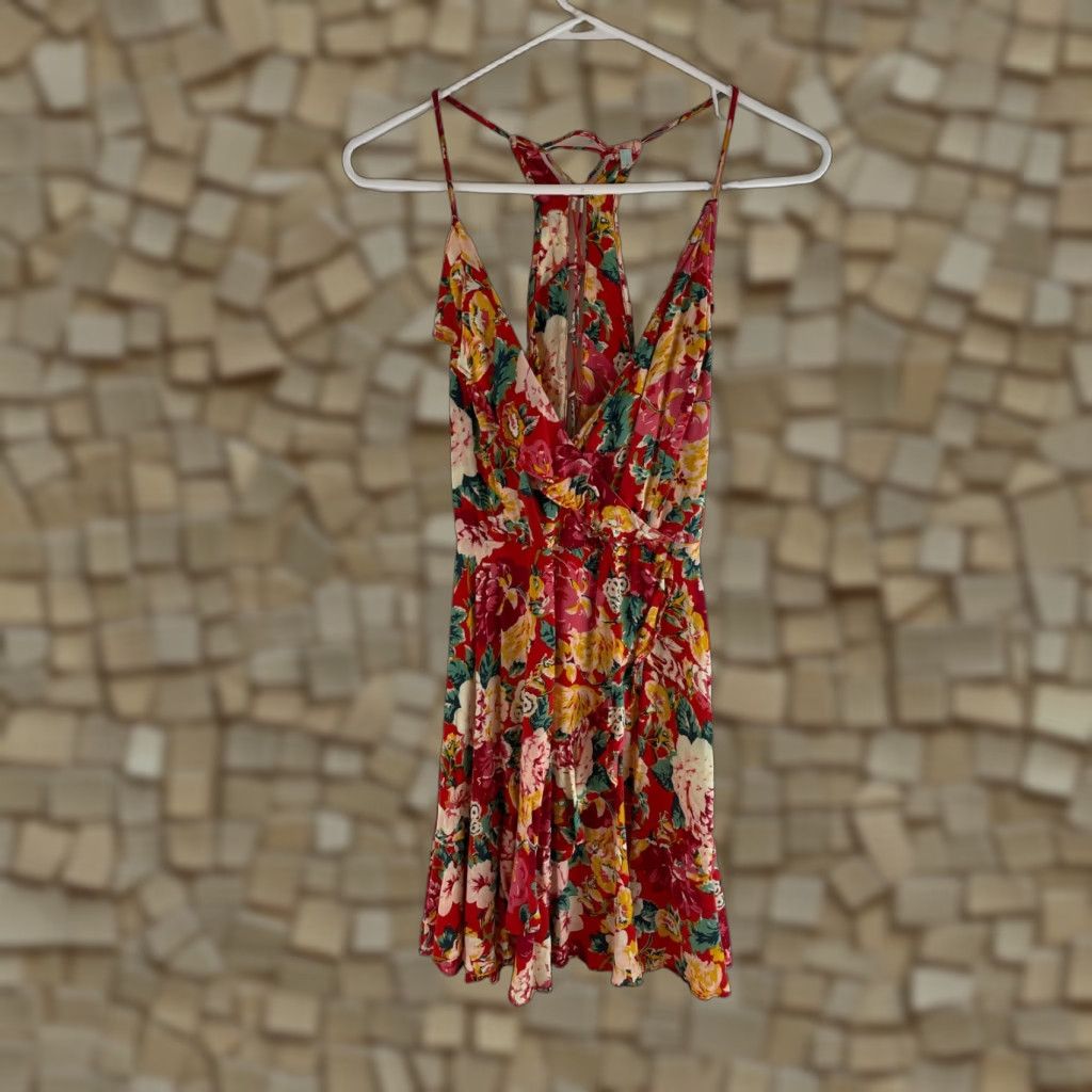 Vintage Maurices Dress Shirt Dress Women Small Red Floral Short Plunging Neck Size 28" / US 6 / IT 42 - 1 Thumbnail