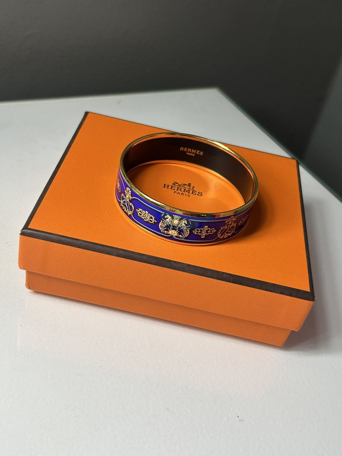 Hermes Hermes Emaille Blue Enamel Gold Plated Bangle Bracelet w Box Size ONE SIZE - 12 Thumbnail