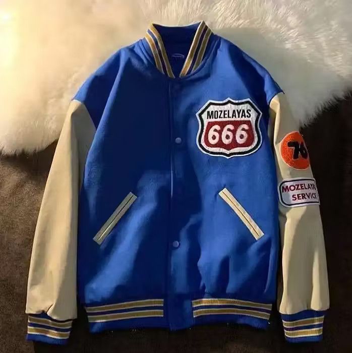 image of Vintage Route 666 Bomber Jacket in Blue, Men's (Size Large)