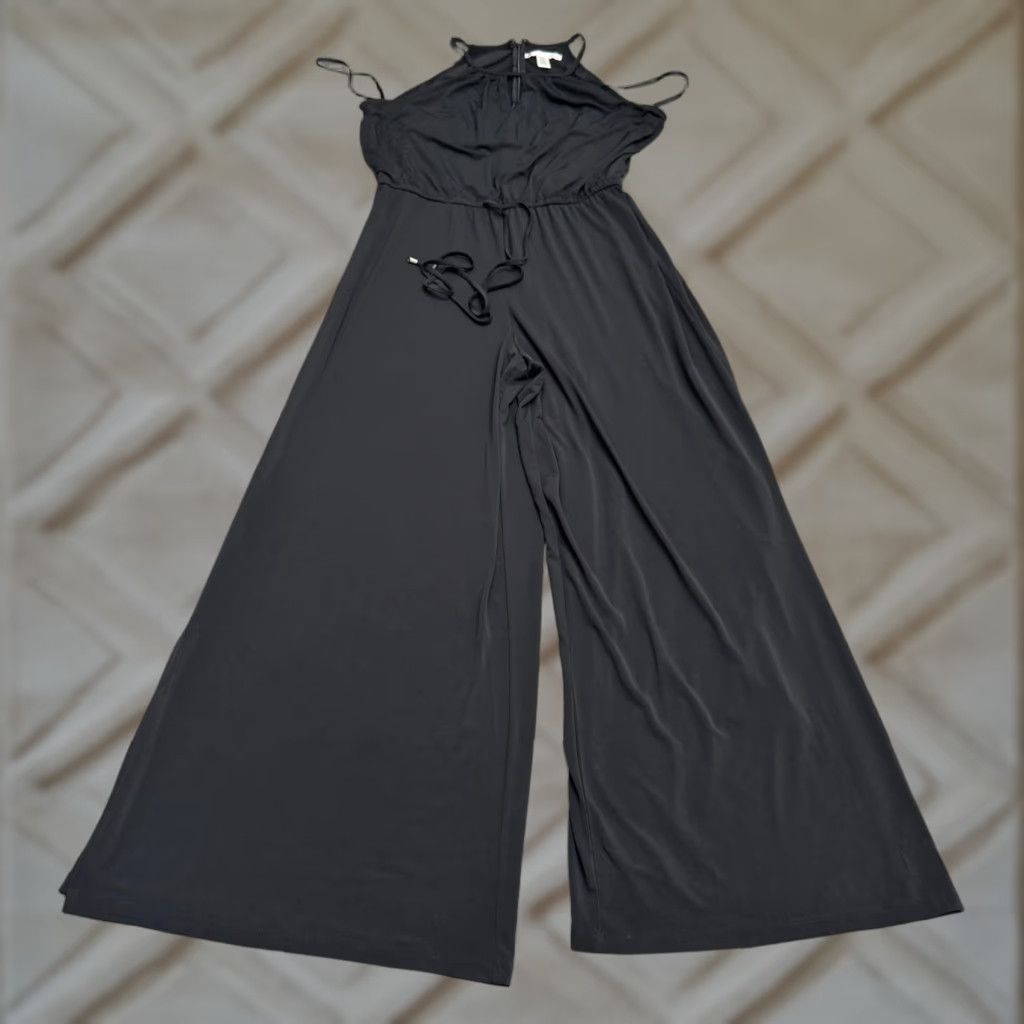 MAGGY LONDON VINTAGE? No — Maggy London Wideleg Jumpsuit Women 12 Black Side Slit Stretch Drawstring Halter Sleeveless Size 34" / US 12 / IT 48 - 1 Thumbnail
