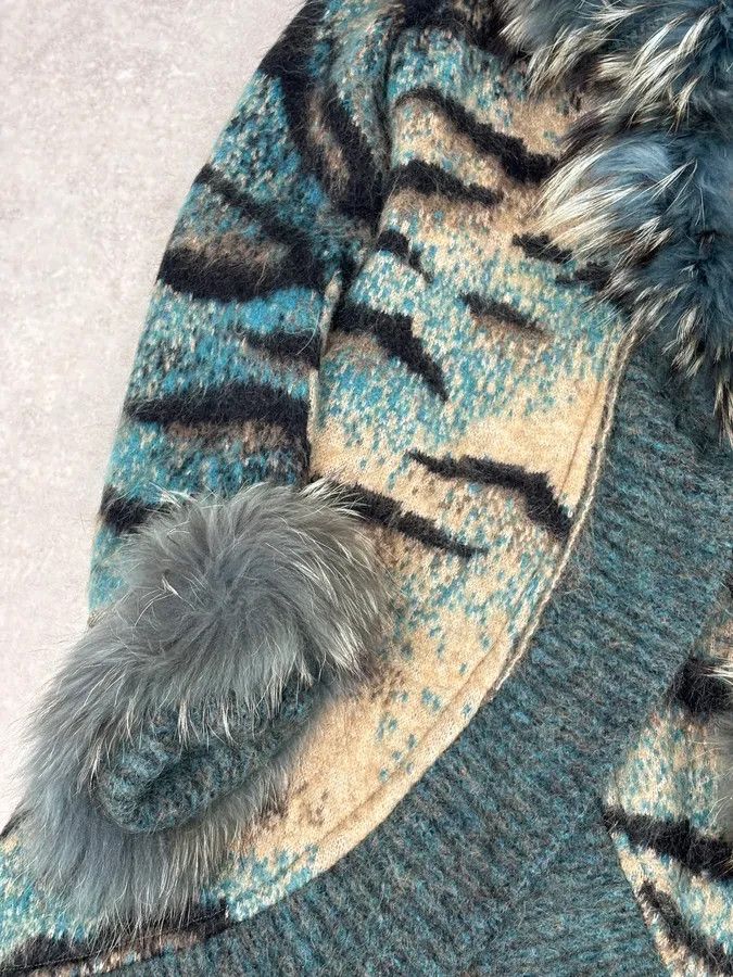 Roberto Cavalli 2000s Roberto Cavalli Turquoise Wool Abstract Savage Fur Coat Size M / US 6-8 / IT 42-44 - 9 Thumbnail