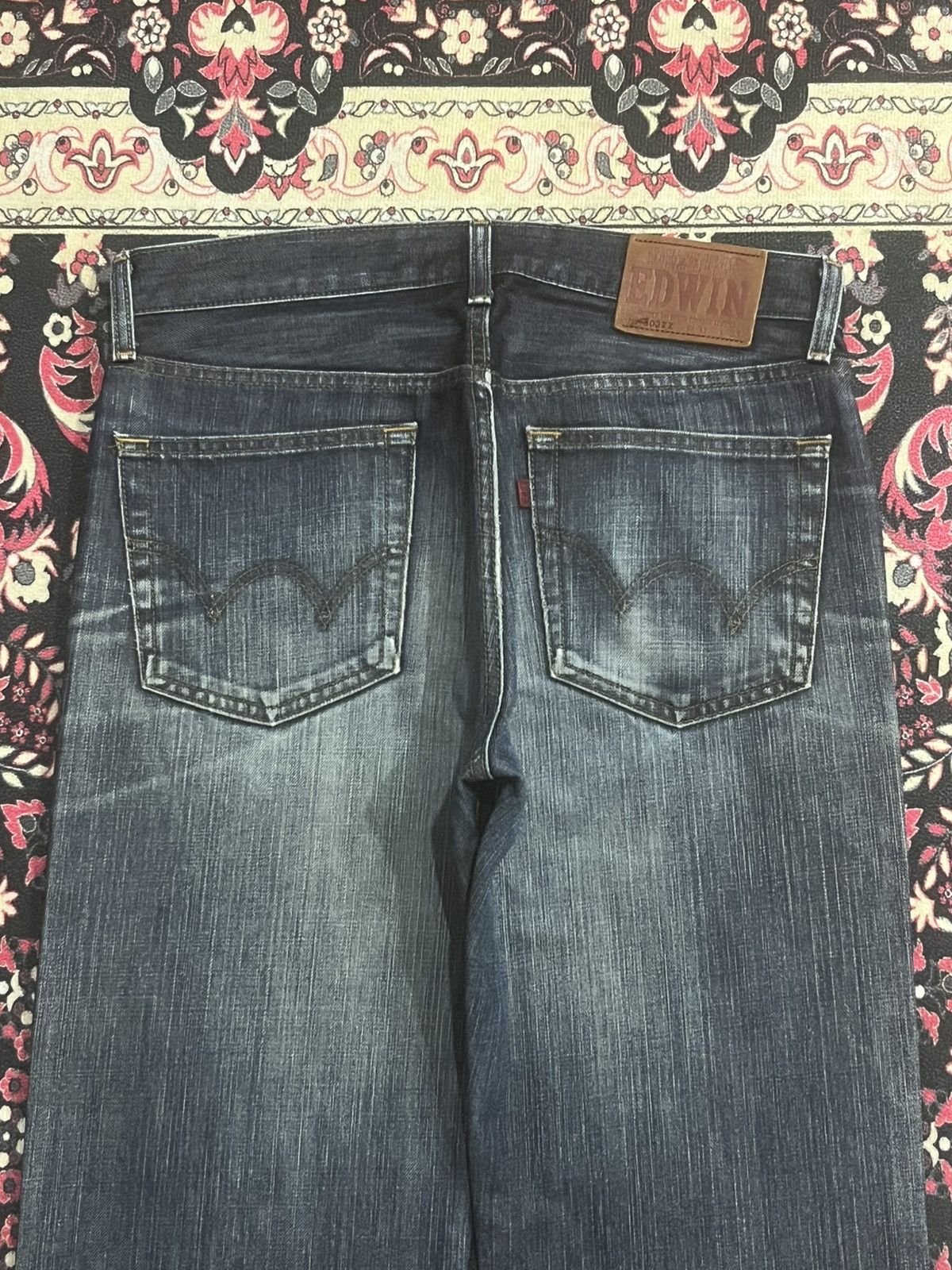 Edwin Edwin 503ZZ Dark Blue Faded Whisker Ripped Straight Leg Jean Size US 31 - 7 Thumbnail