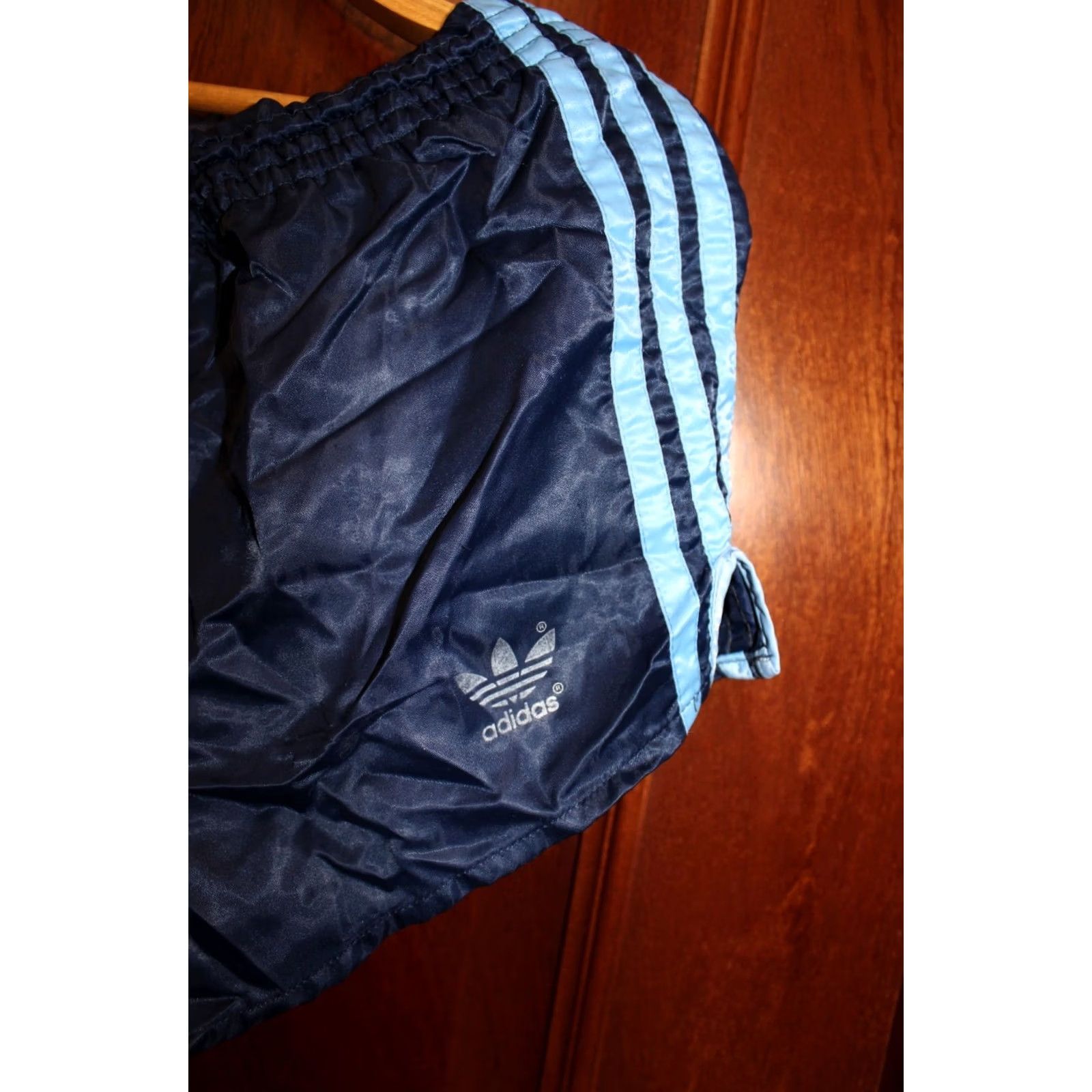 Adidas VINTAGE Adidas dark blue with blue stripes Nylon Running shorts - L/XL Shirt Mens XL Blue 1980s Size US 36 / EU 52 - 2 Thumbnail