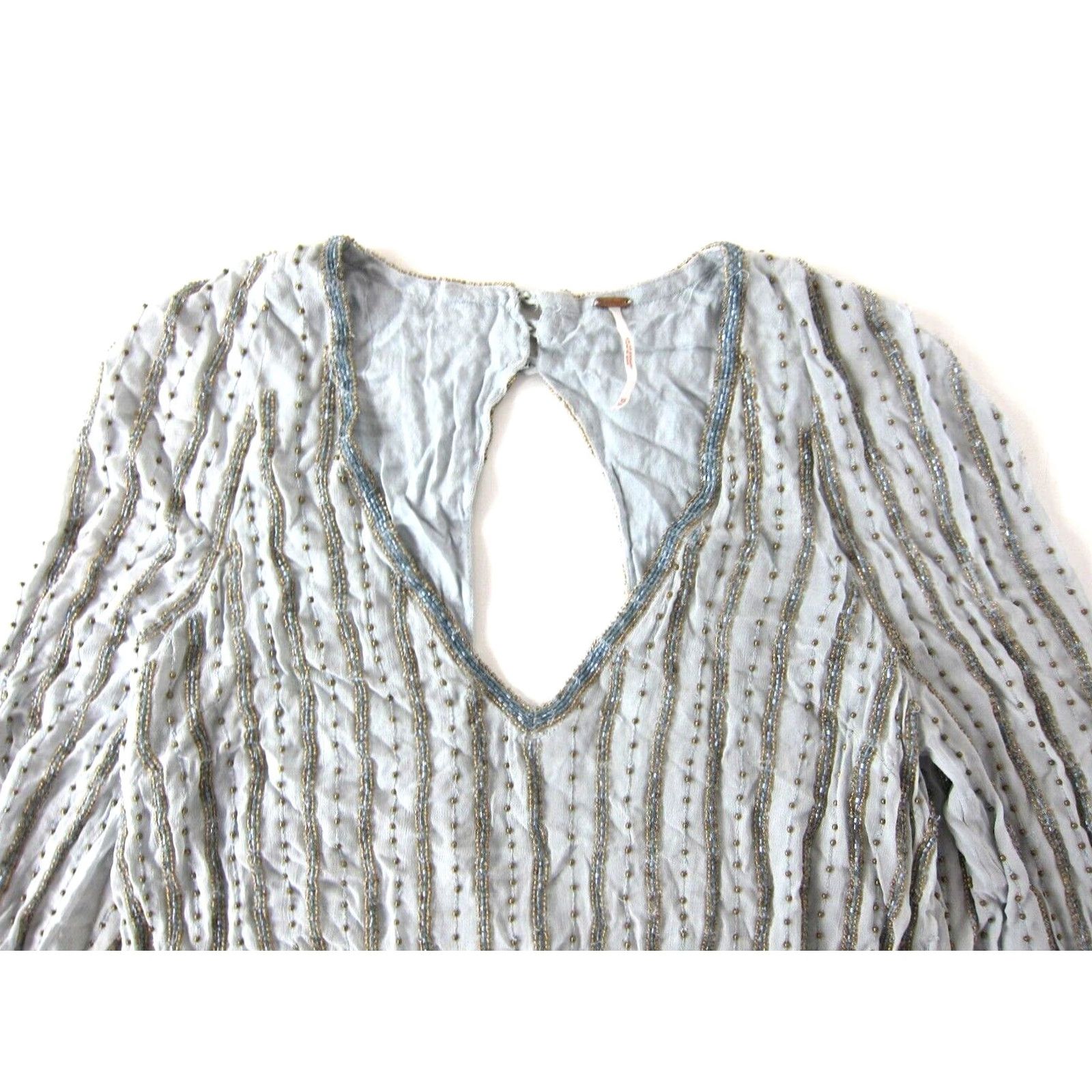 Free People Free People Shift Dress XS Blue Beaded Long Sleeve V-Neck Mini/Short Dress XS Womens Fashion Casual Formal Holiday Party Size XS / US 0-2 / IT 36-38 - 3 Thumbnail