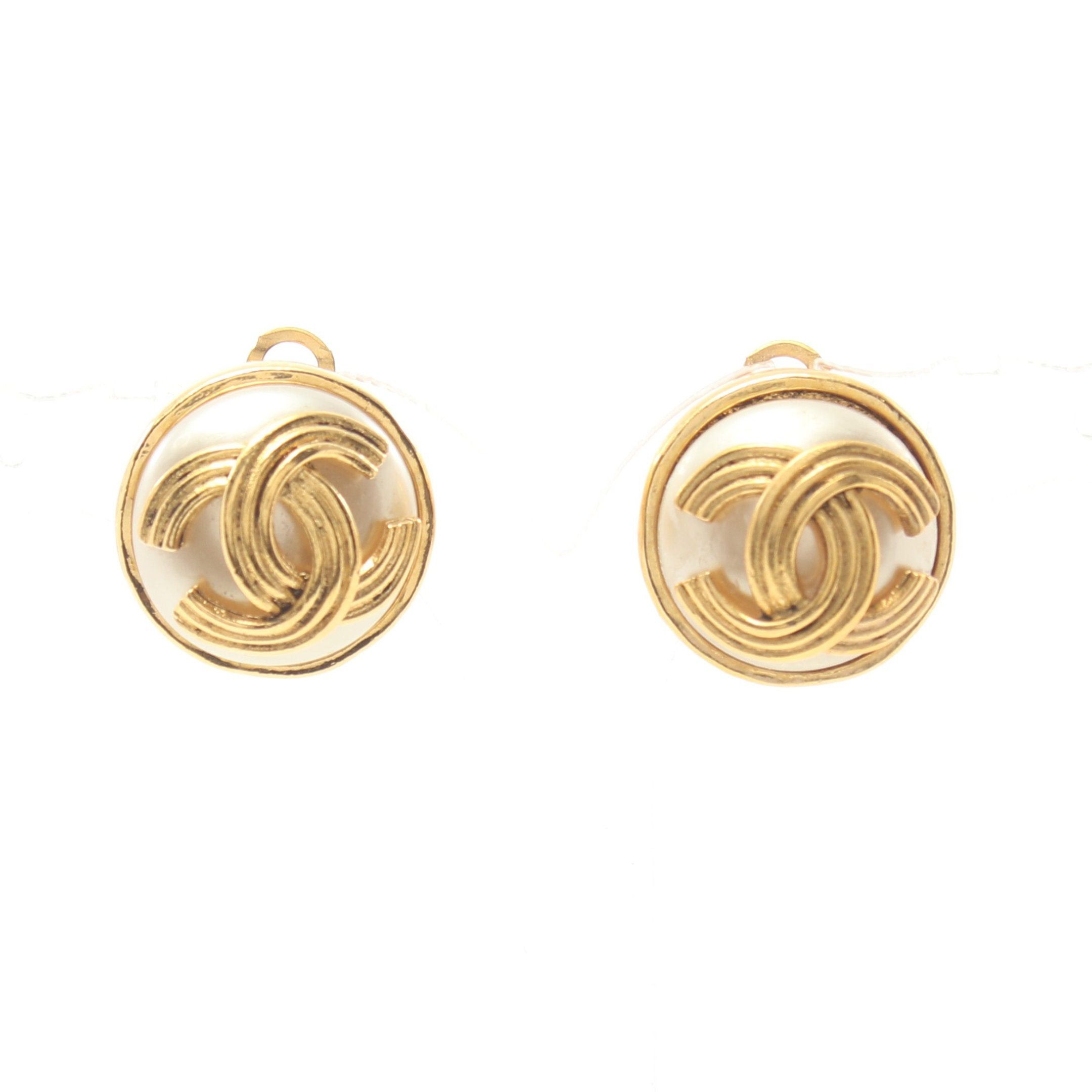 image of Chanel Coco Mark Earrings Gp Fake Pearl Gold White 94A, Women's