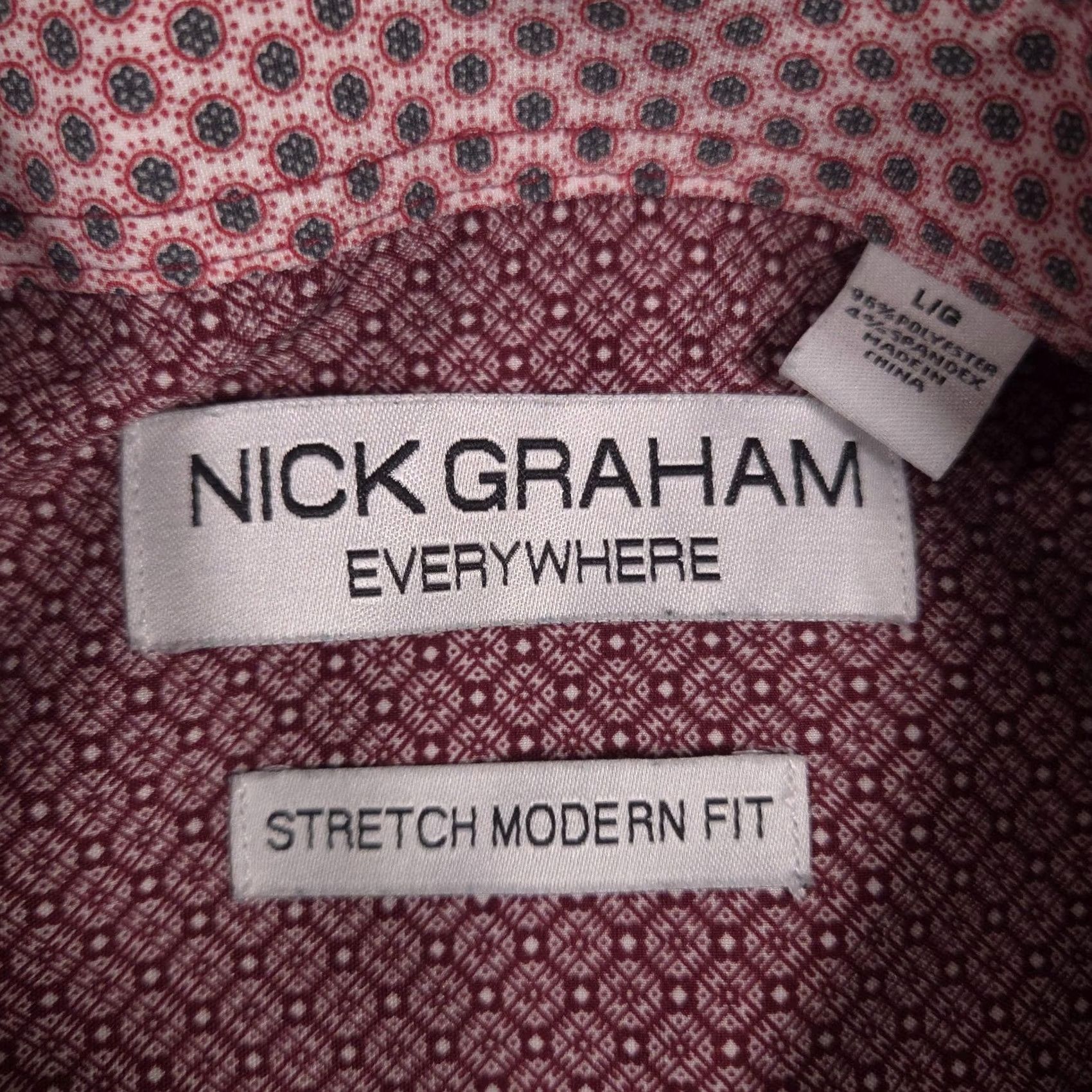 Vintage Nick Graham Dress Shirt Mens Large Red Geometric Stretch Modern Fit Long Sleeve Size 42R - 5 Thumbnail