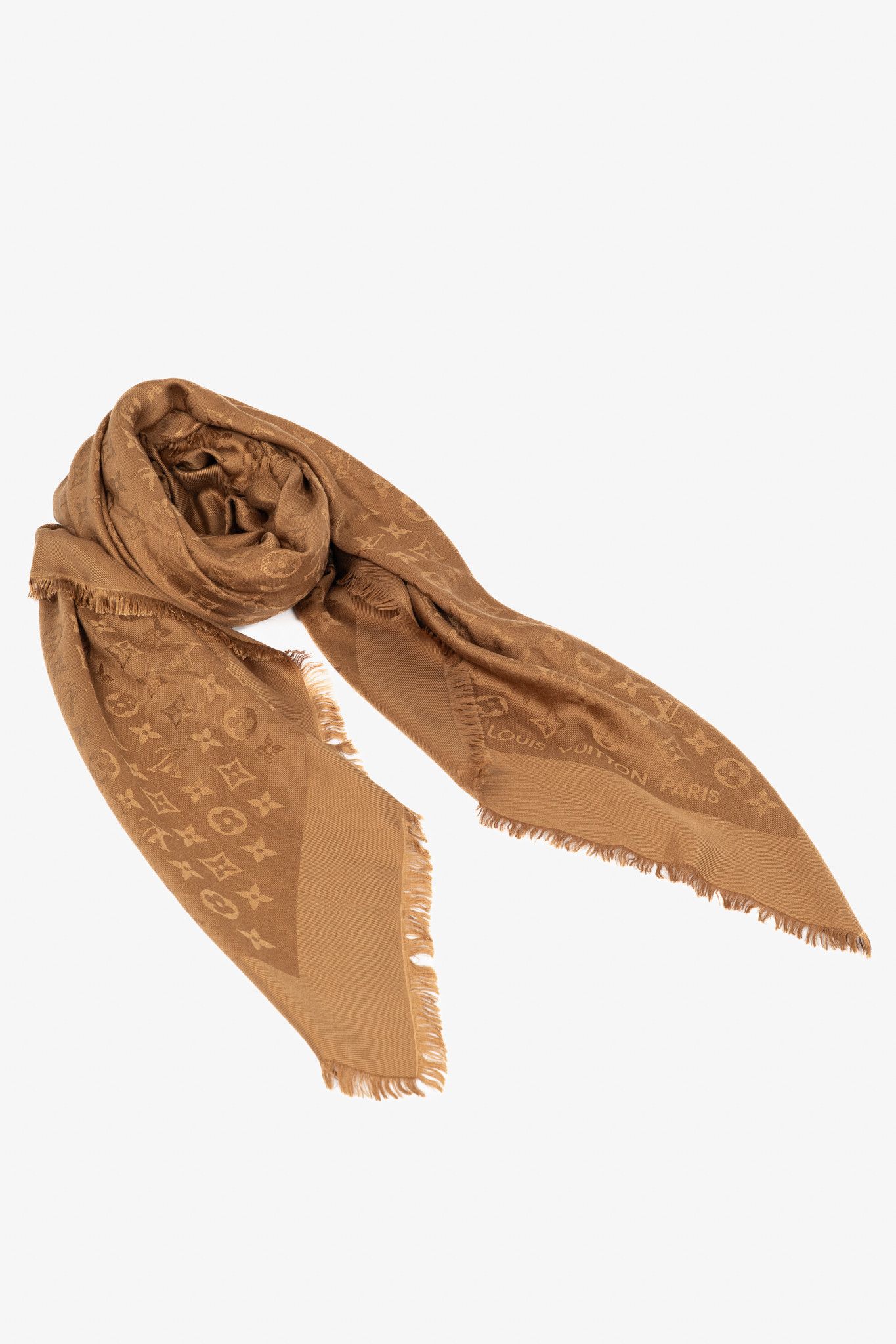 Louis Vuitton Louis Vuitton Camel Silk & Wool Monogram Fringe Shawl Size ONE SIZE - 1 Thumbnail