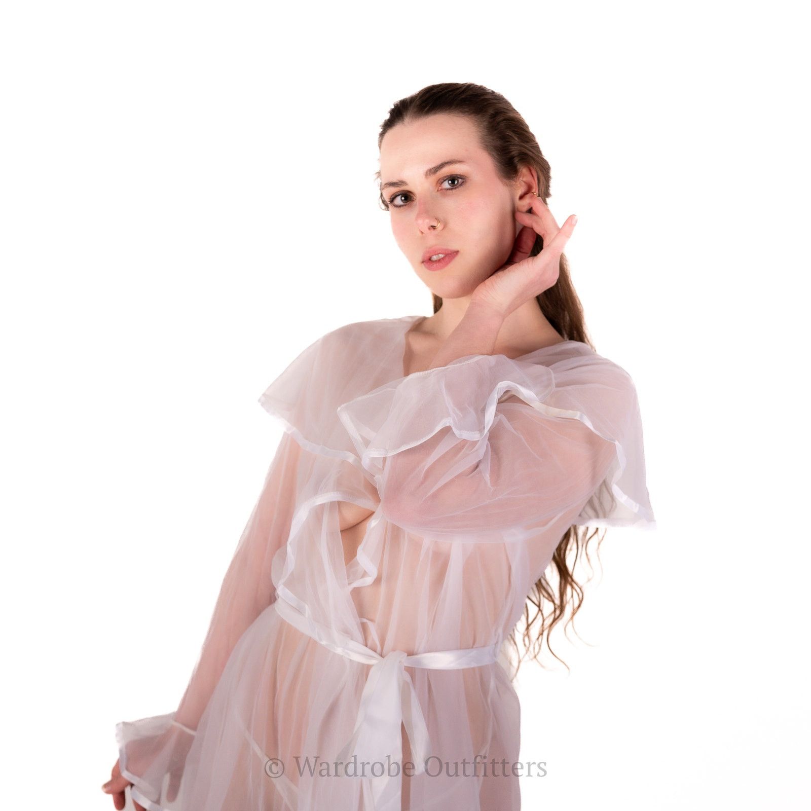 Designer White Sheer Mesh Lace Belted Robe Lingerie Size ONE SIZE - 5 Thumbnail