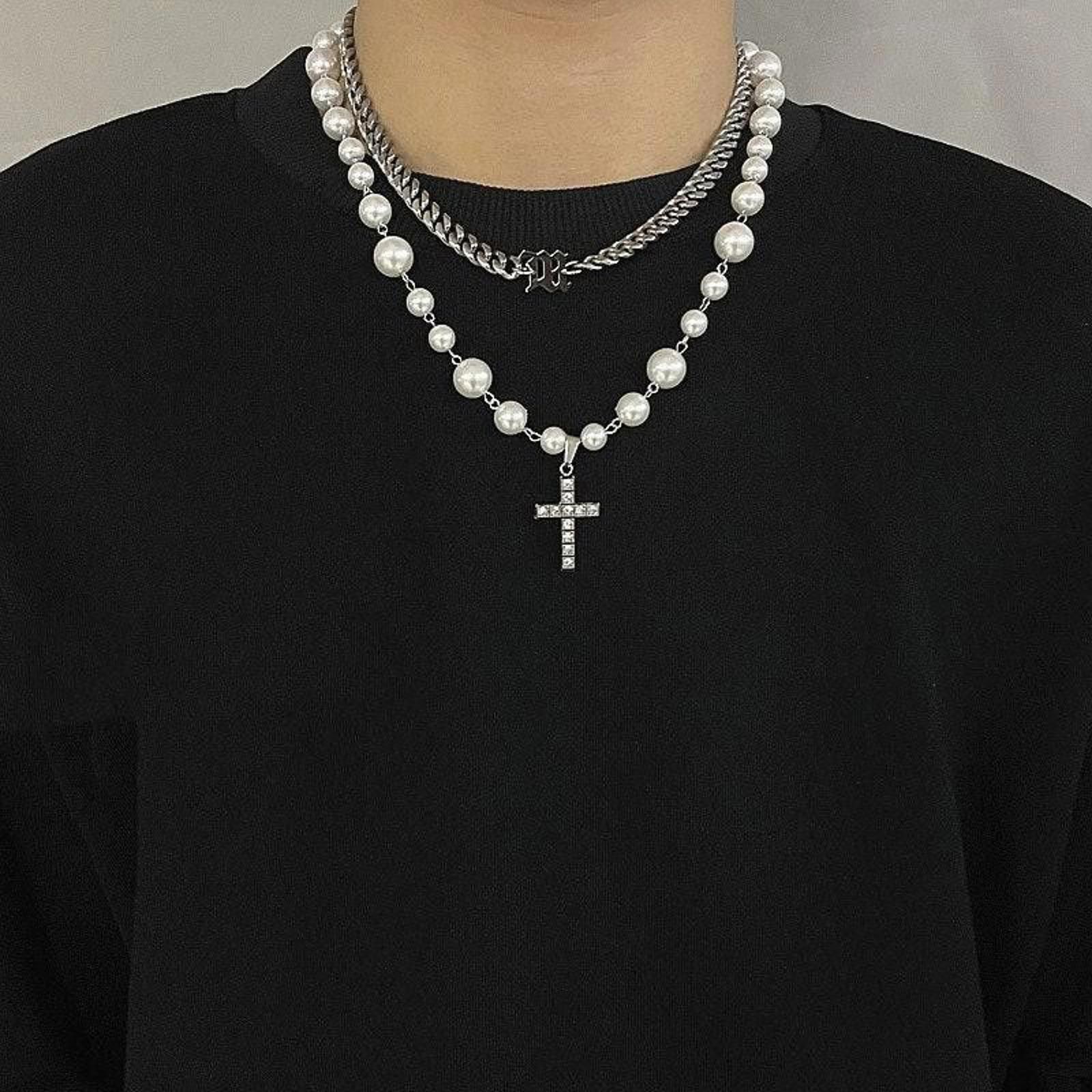 Jewelry Rhinestone Cross Pearl Pendant Necklace Size ONE SIZE - 1 Thumbnail