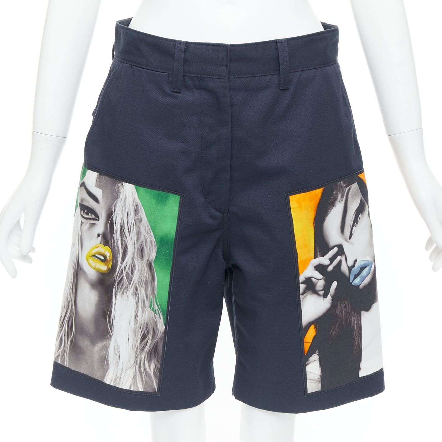 Acne Studios ACNESTUDIOS 2015 Eora Vermina collage portrait print navy bermuda shorts FR34 XS Size 26" / US 2 / IT 38 - 1 Thumbnail
