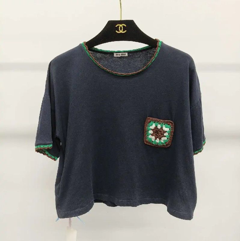 Miu Miu Miu Miu XS Navy Blue T-shirt with Crochet Detail 0089 Size XS / US 0-2 / IT 36-38 - 1 Thumbnail