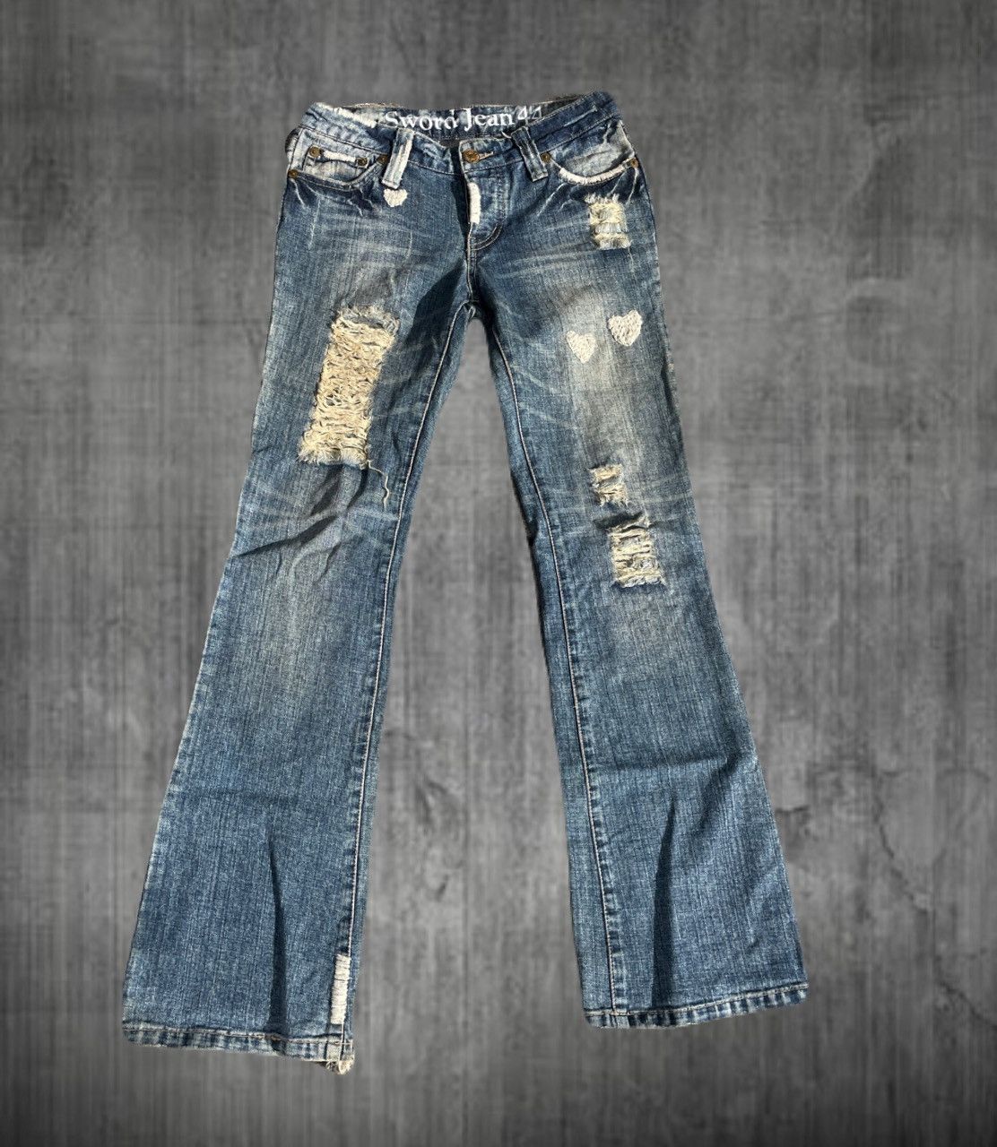 If Six Was Nine 2000s SwordJean Vkei Distressed Flare Heart Jeans Japanese Size US 29 - 1 Thumbnail
