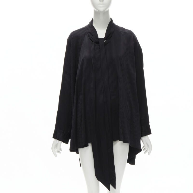 BALENCIAGA 2020 Demna black striped pussy bow cascade hem oversized shirt FR36 S