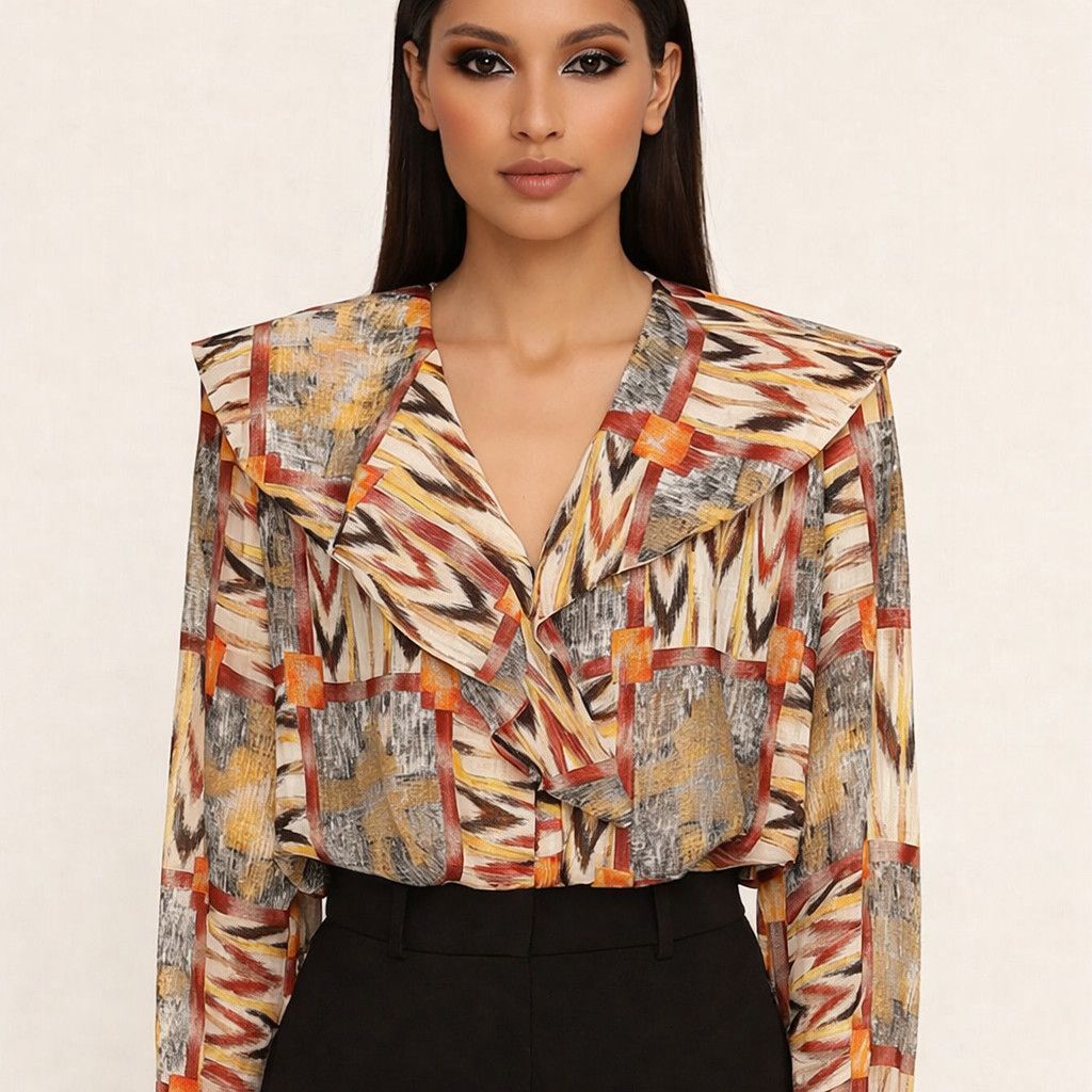 Vacation Juniors' Nicola Printed Button-Up Ruffle Long Sleeve Blouse Size L / US 10 / IT 46 - 1 Thumbnail