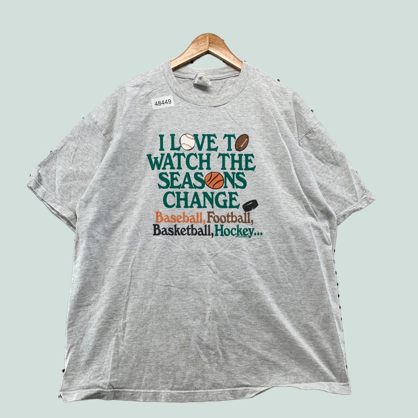 Jerzees VINTAGE Funny Sports T Shirt Mens XL Grey 90s Seasons Change Single Stitch USA Size US XL / EU 56 / 4 - 1 Thumbnail