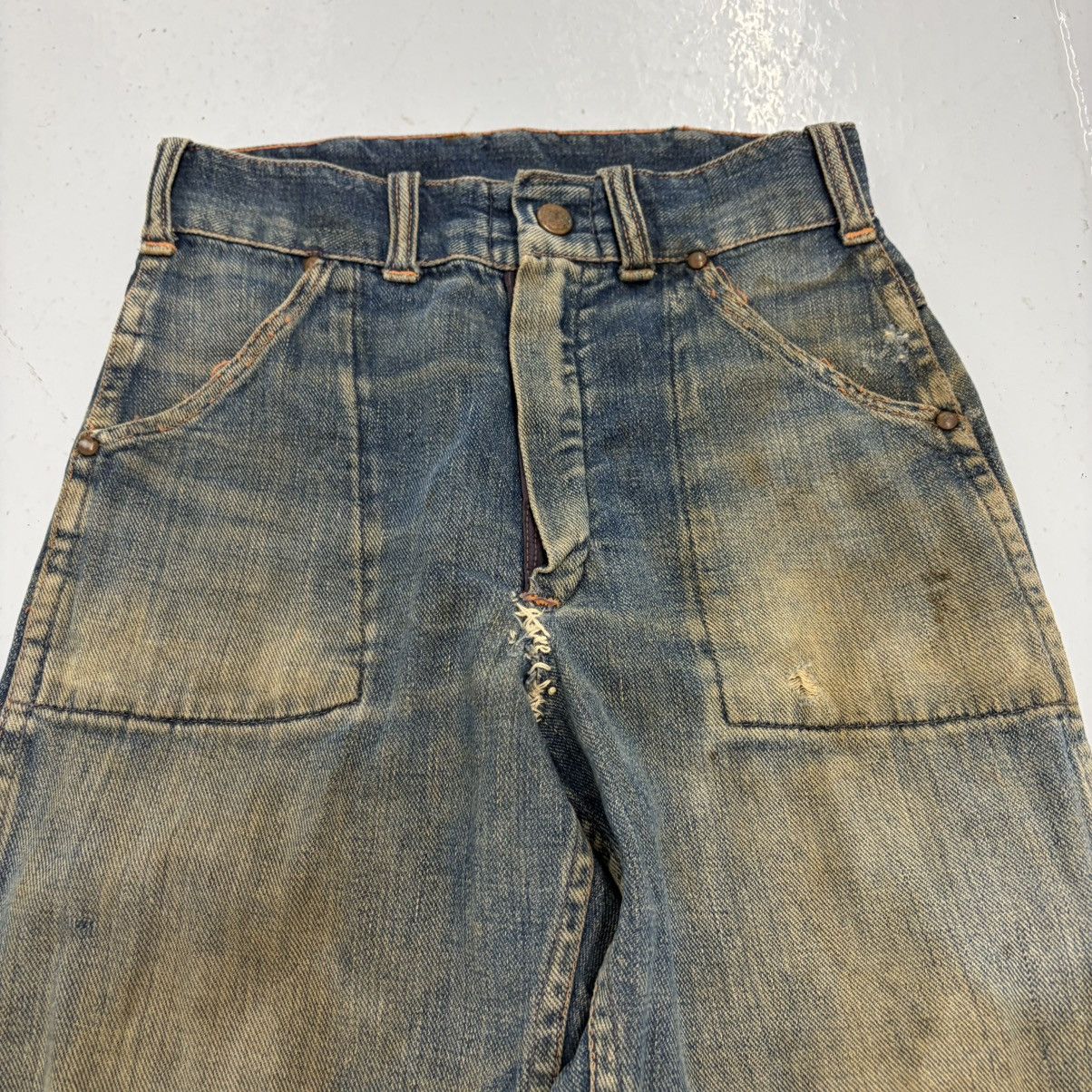 Other Vintage 50s Blue Fatigue Workwear Distressed Jeans 23x22 Size 23" - 2 Thumbnail