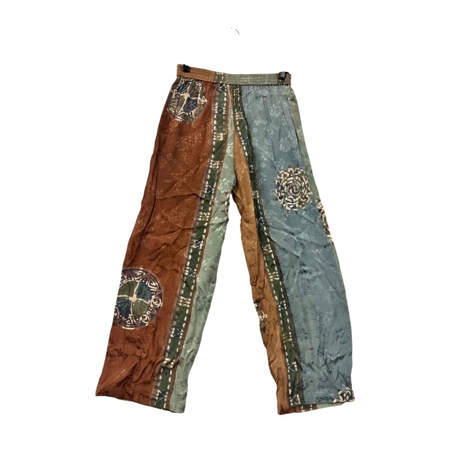 Globe-Trotter Globe Trotter Pants Women's M Green Patchwork Wide-Leg Rayon Boho Tie Elastic Waist Ankle Floral Medallion 8510 Size 32" / US 10 / IT 46 - 2 Thumbnail