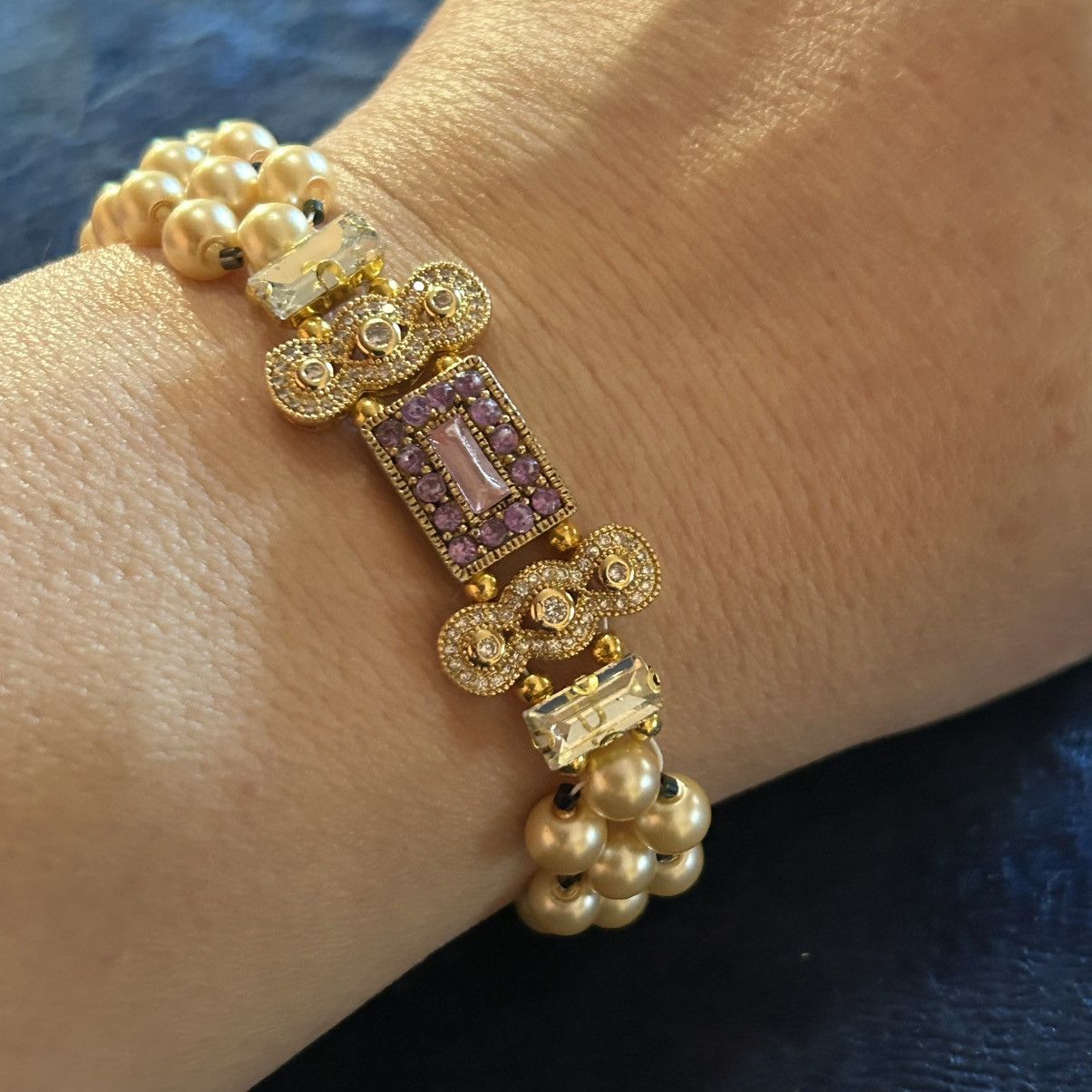 Handmade Handcrafted light champagne Czech glass pearl bracelet Size ONE SIZE - 1 Thumbnail